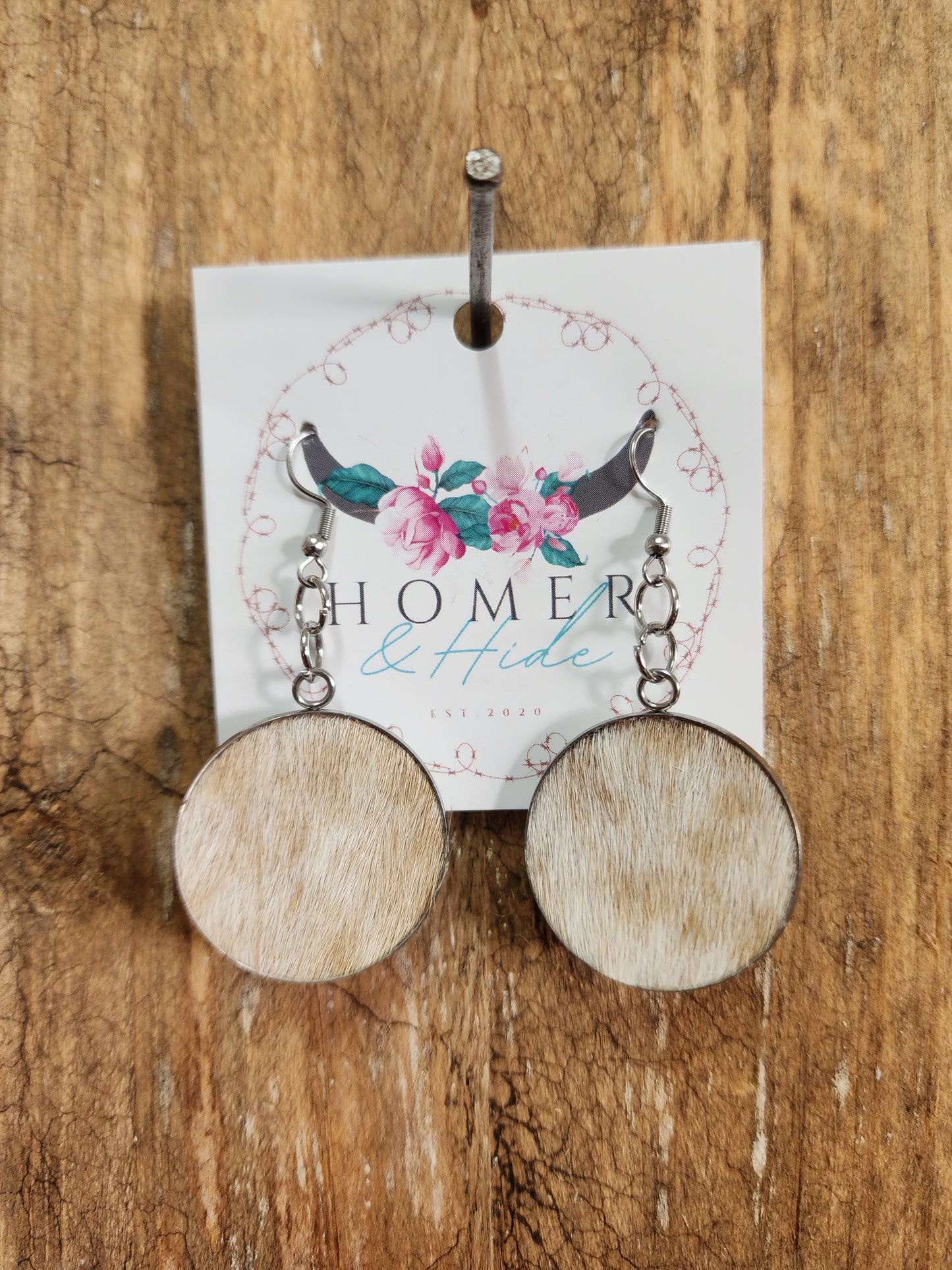 Round Tan and white hide dangly earings #02
