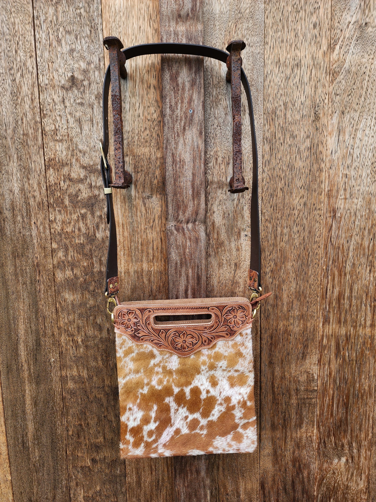 Cowhide sling bag with tooling #02