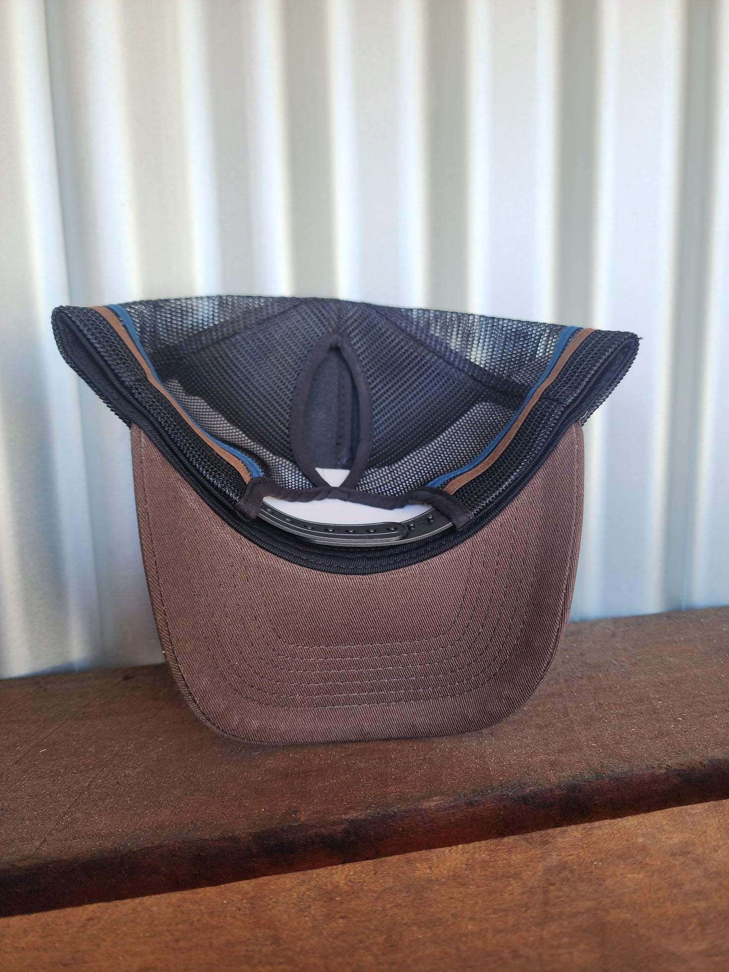 Brown with blue stripe pony cap (embroided)