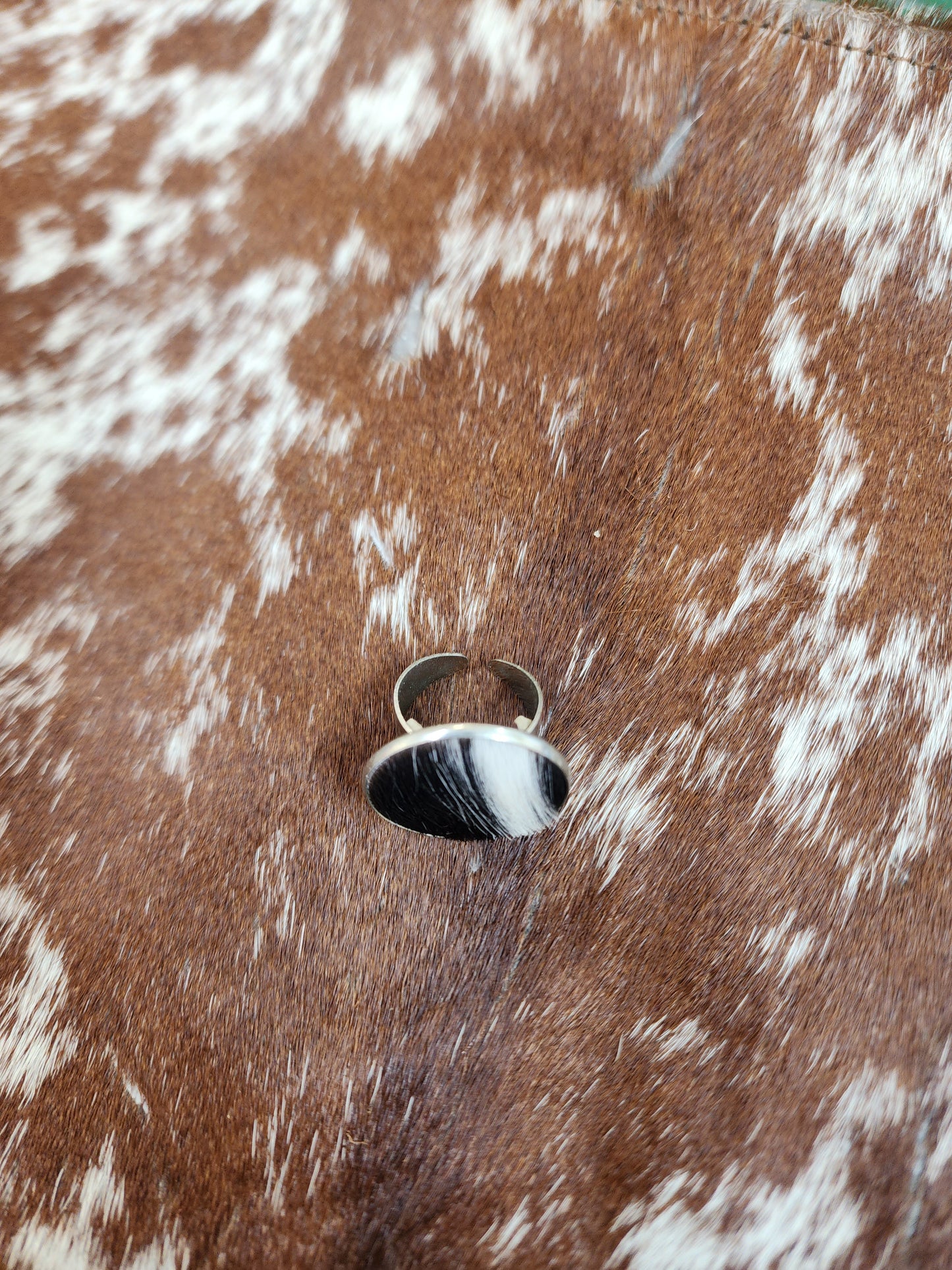 Black an white hair on hide ring .