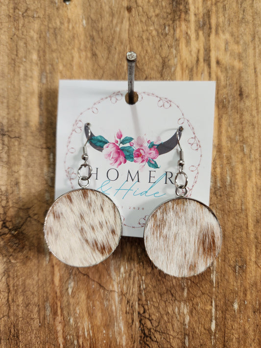 Round Tan and white hide dangly earings #01