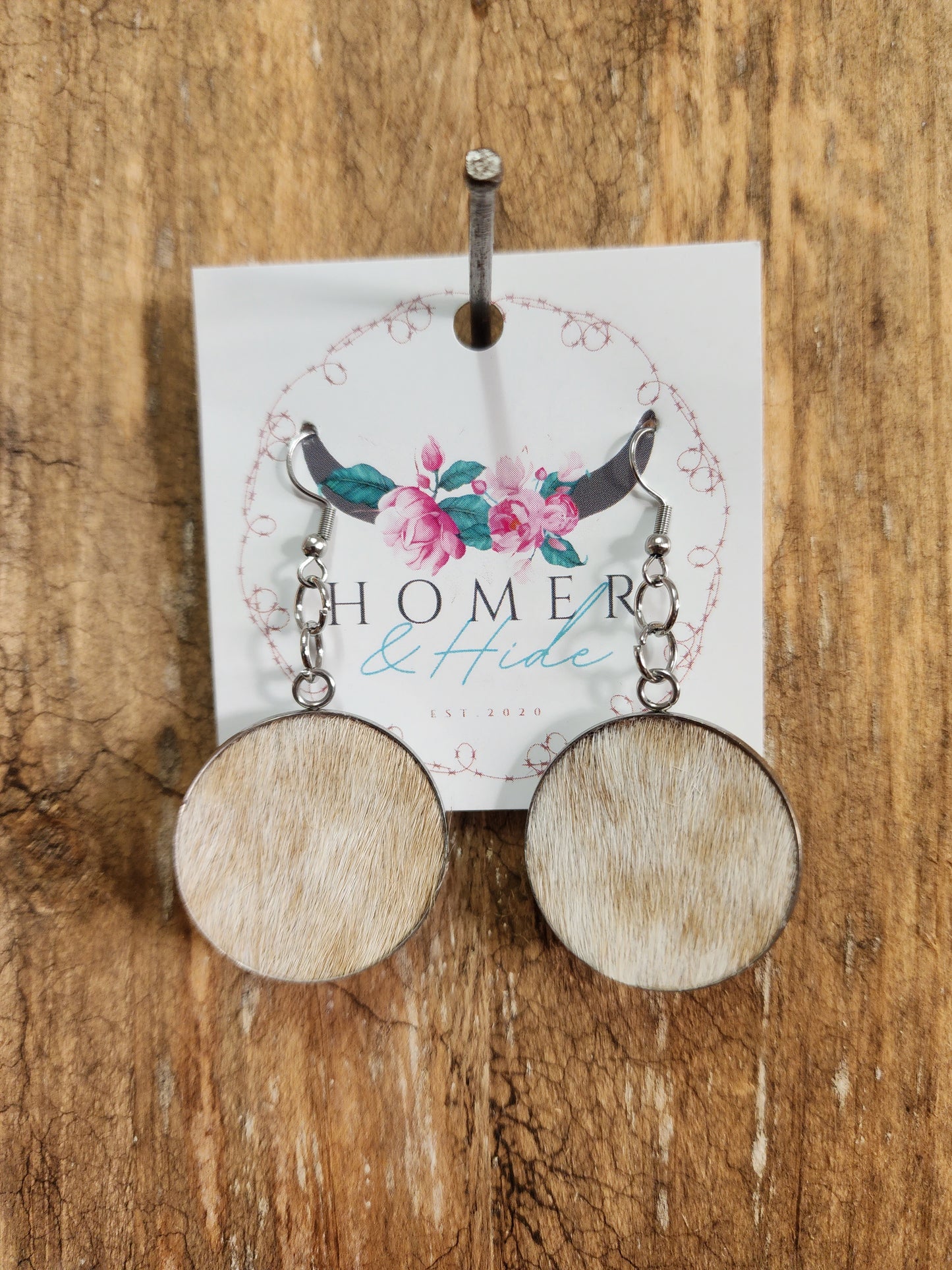 Round Tan and white hide dangly earings #02