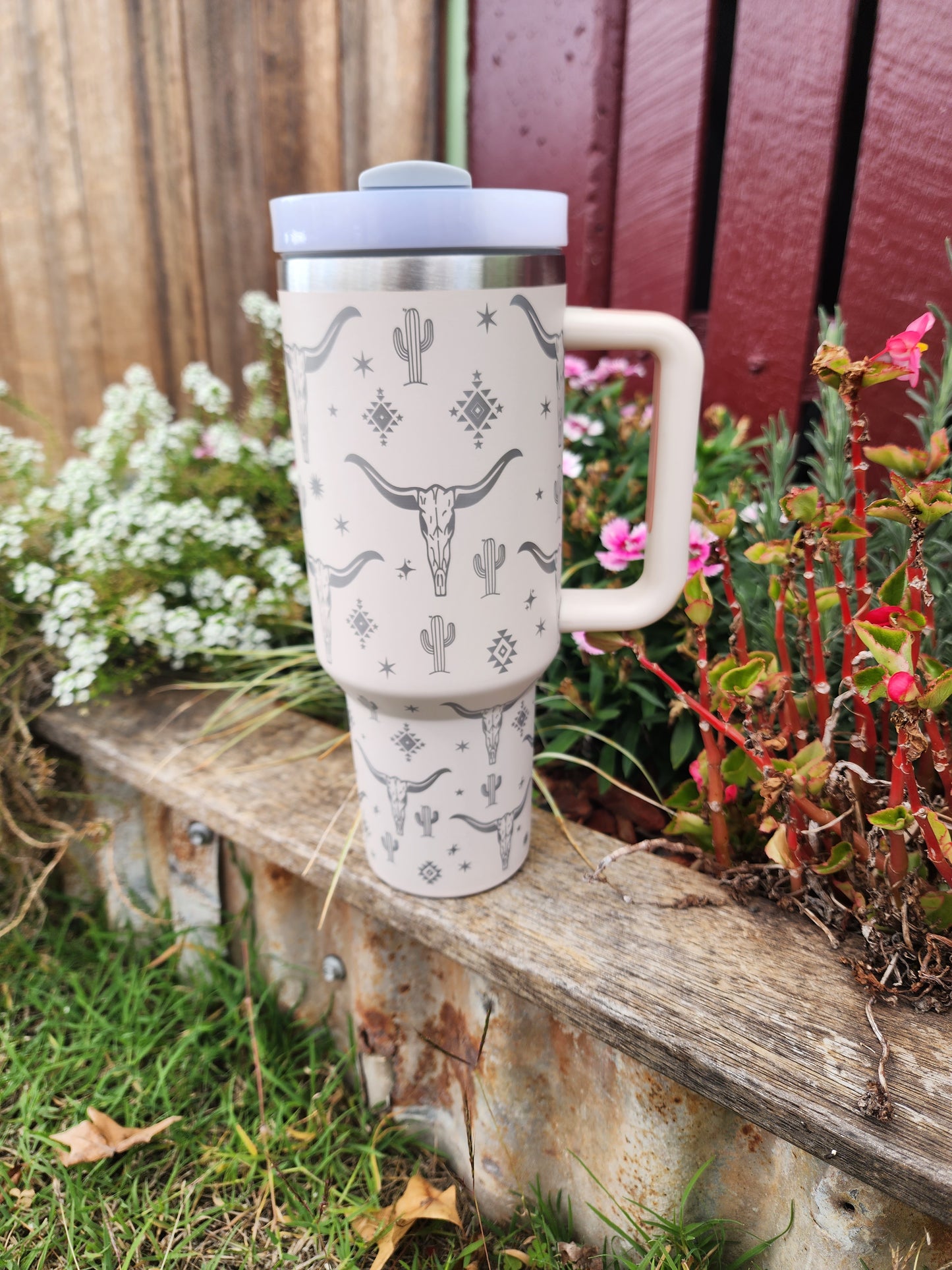 40oz cow skull cactus Travel mug- cream