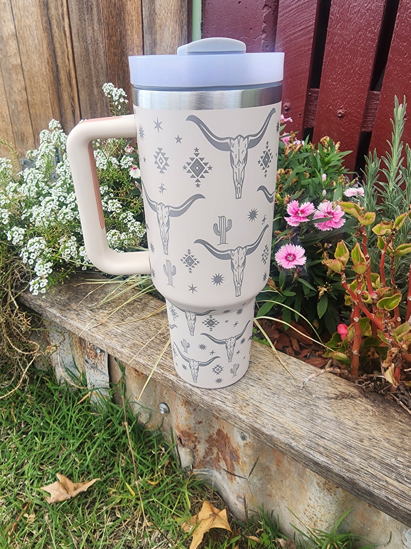 40oz cow skull cactus Travel mug- cream