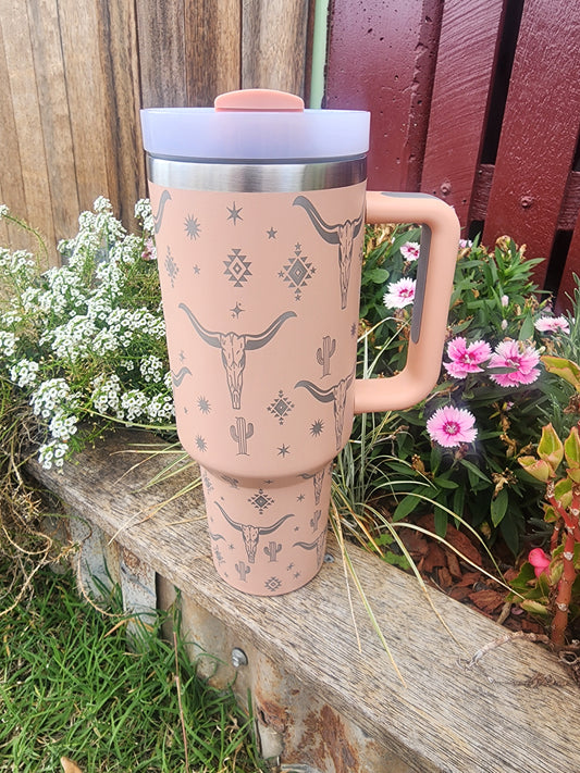 40oz cow skull cactus Travel mug- Peach