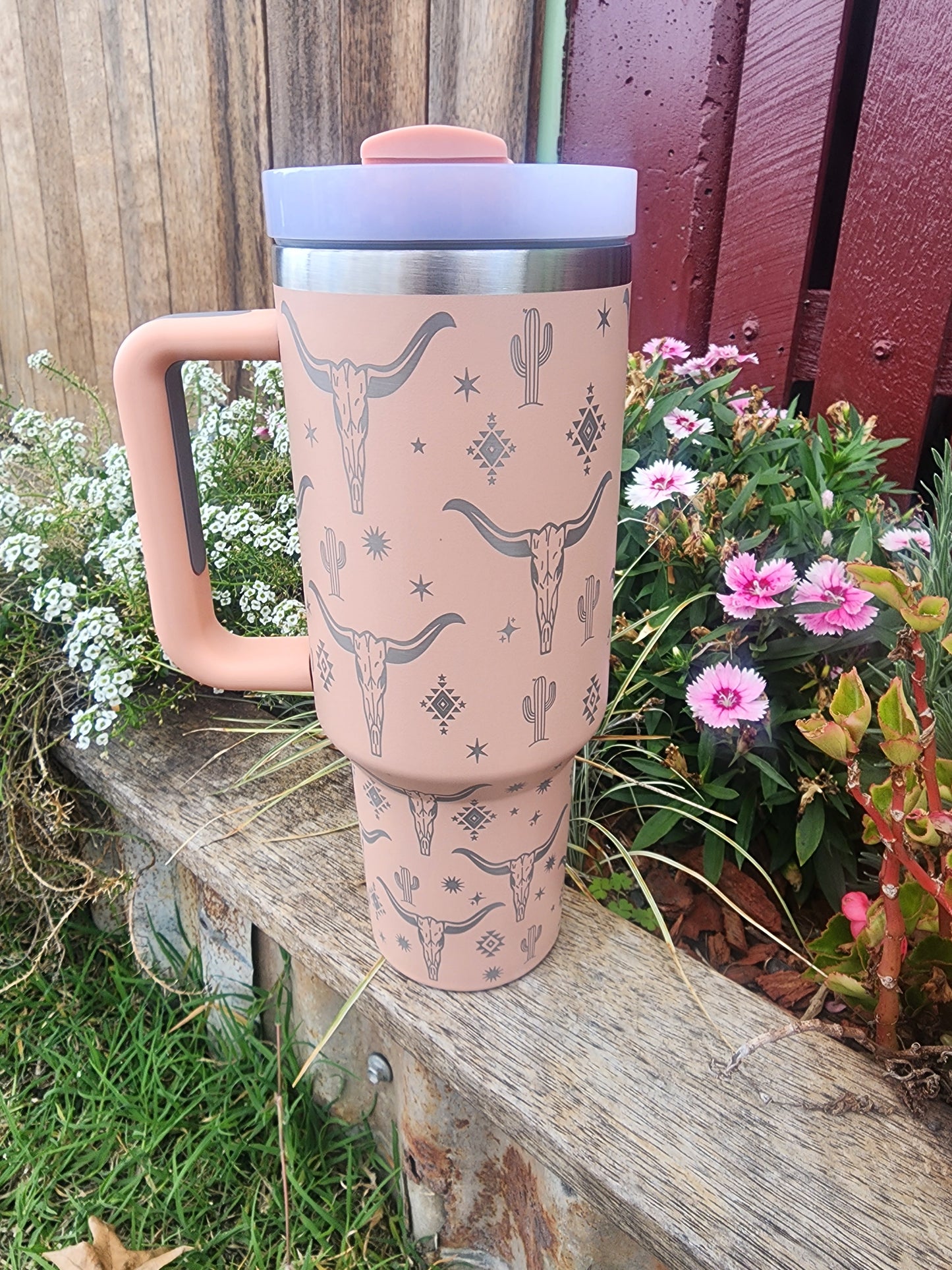 40oz cow skull cactus Travel mug- Peach