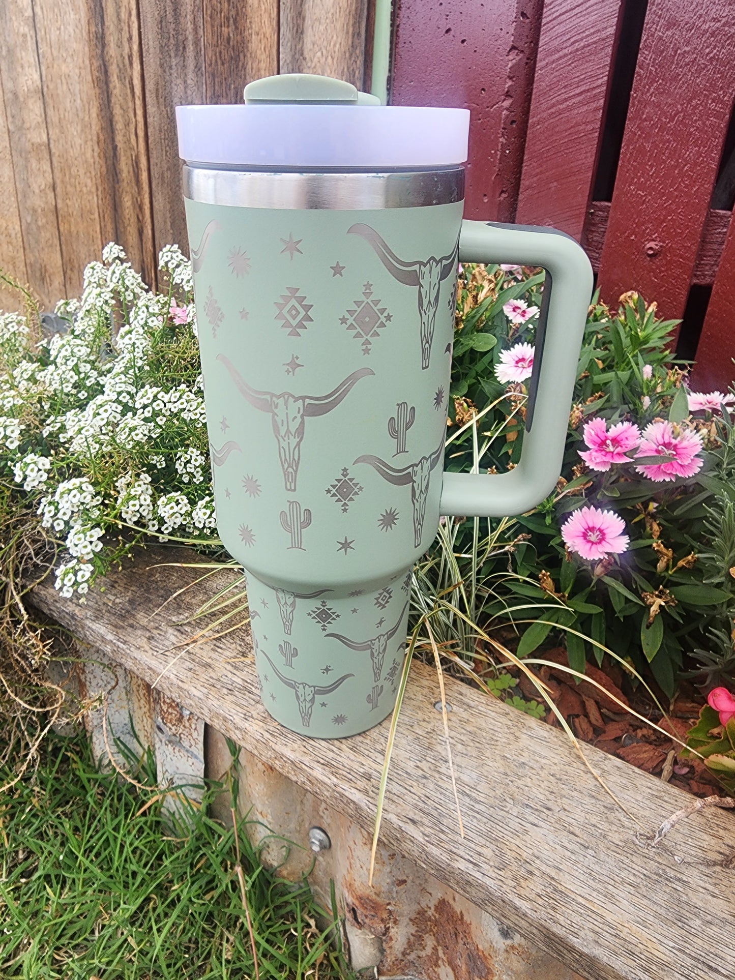 40oz cow skull cactus Travel mug- sage green