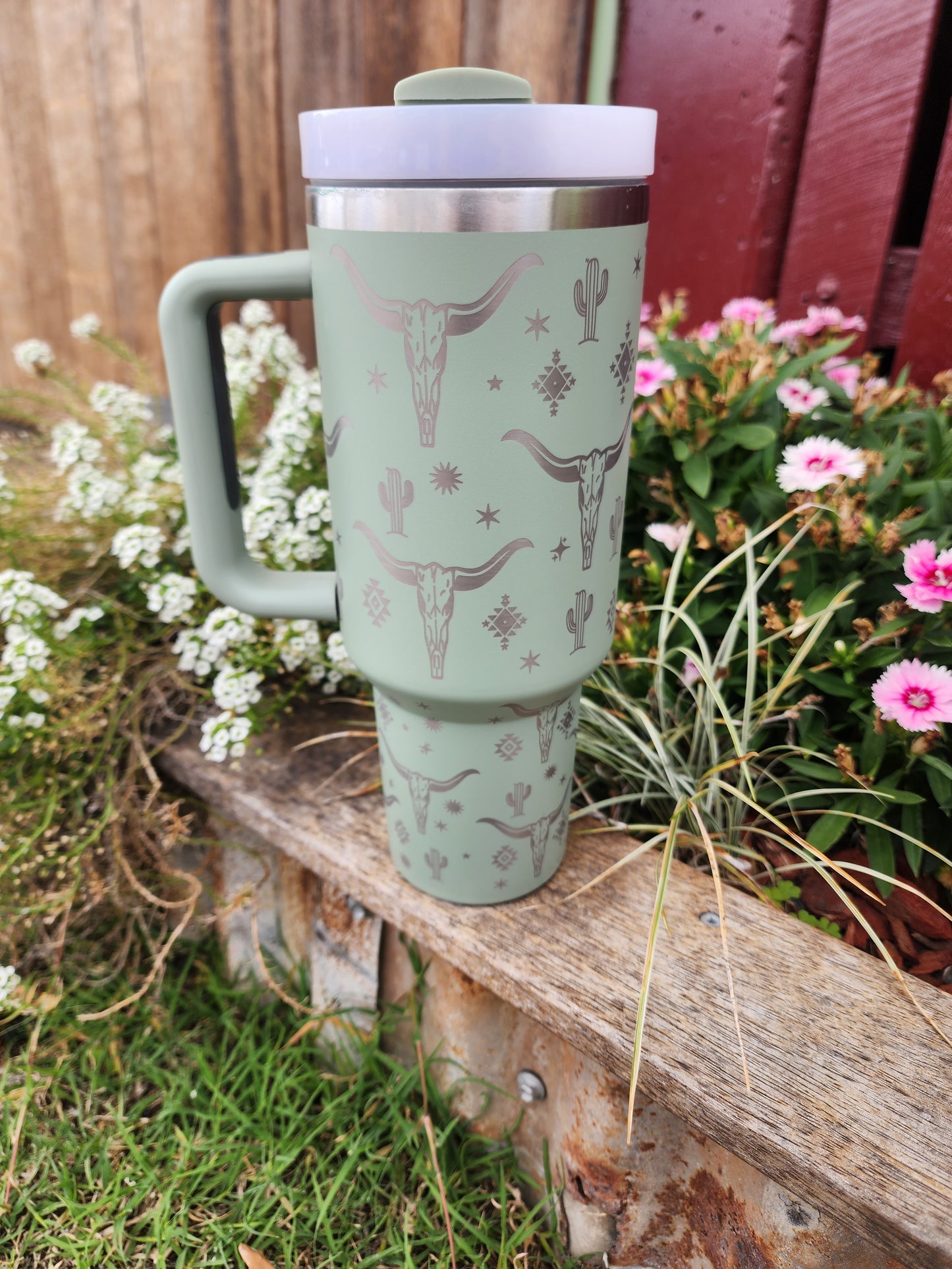 40oz cow skull cactus Travel mug- sage green