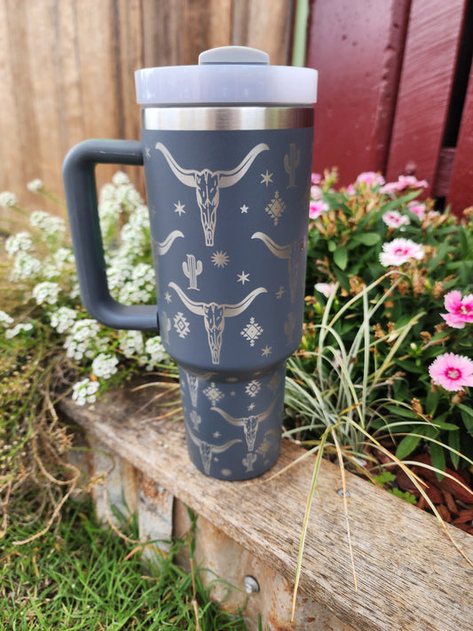 40oz cow skull cactus Travel mug- Dark grey