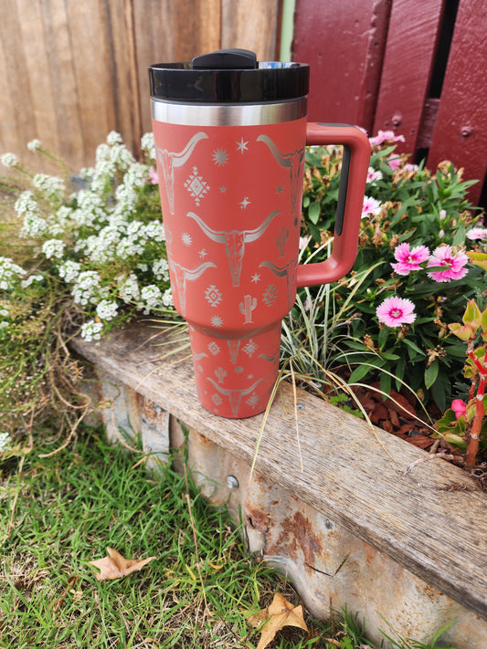 40oz cow skull cactus Travel mug- Red dust