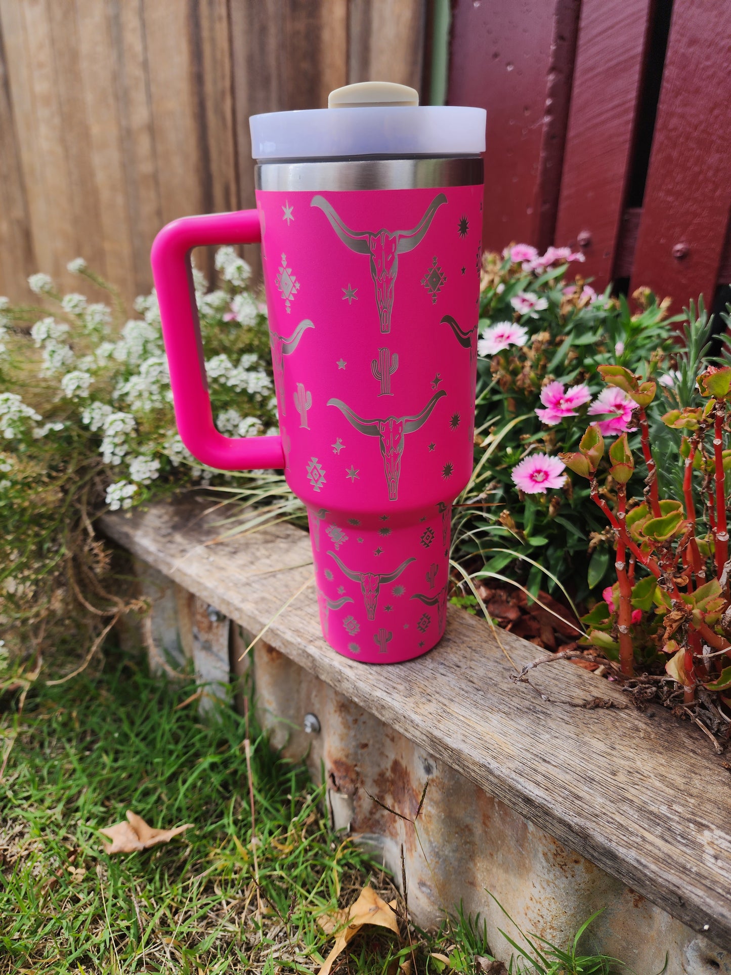 40oz cow skull cactus Travel mug- Pink