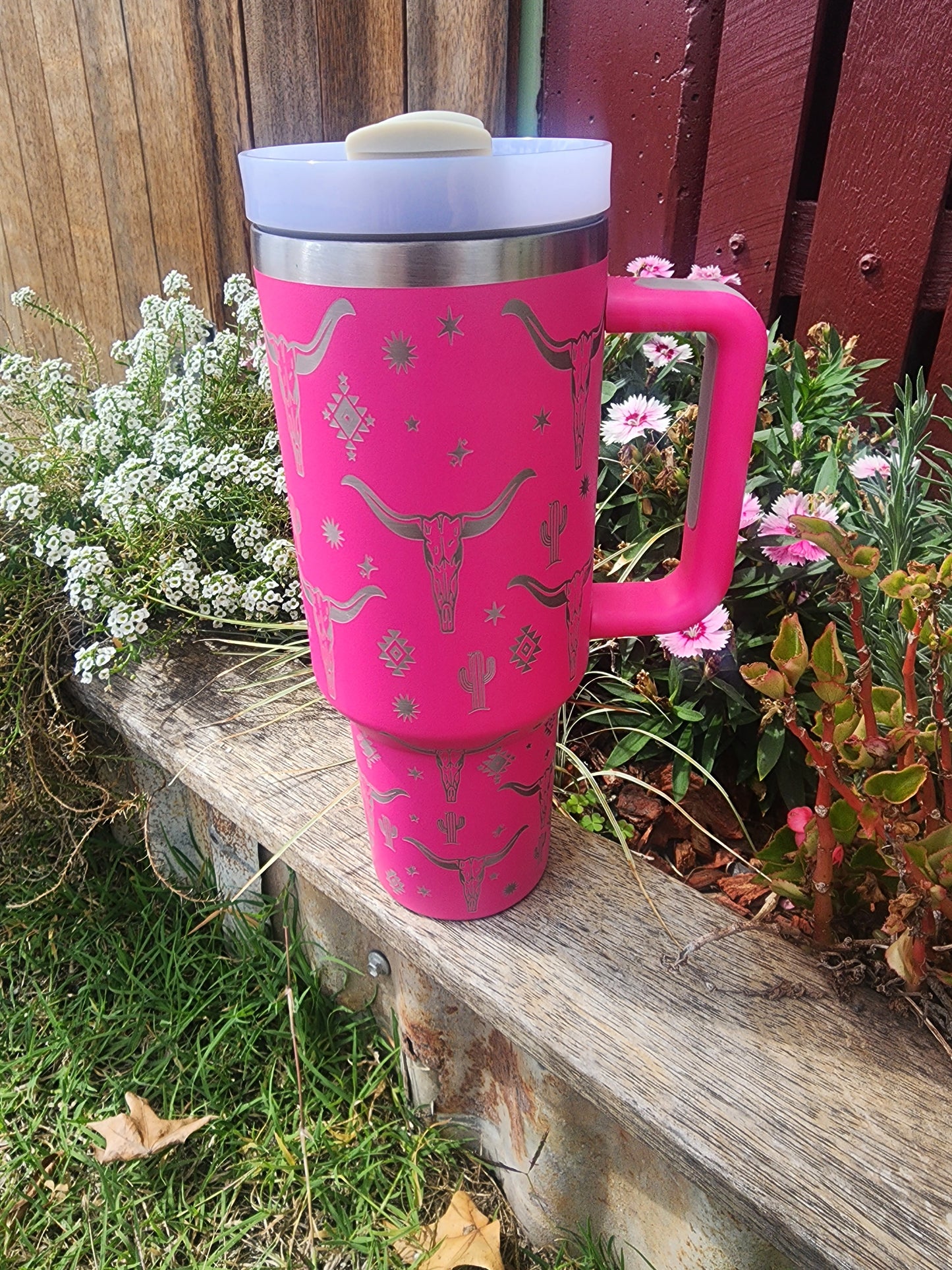 40oz cow skull cactus Travel mug- Pink