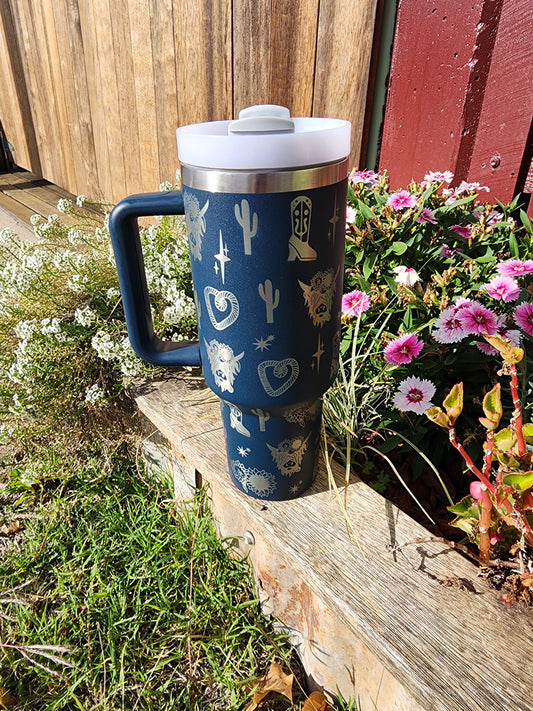 40oz Highland cow cactus travel mug - Navy