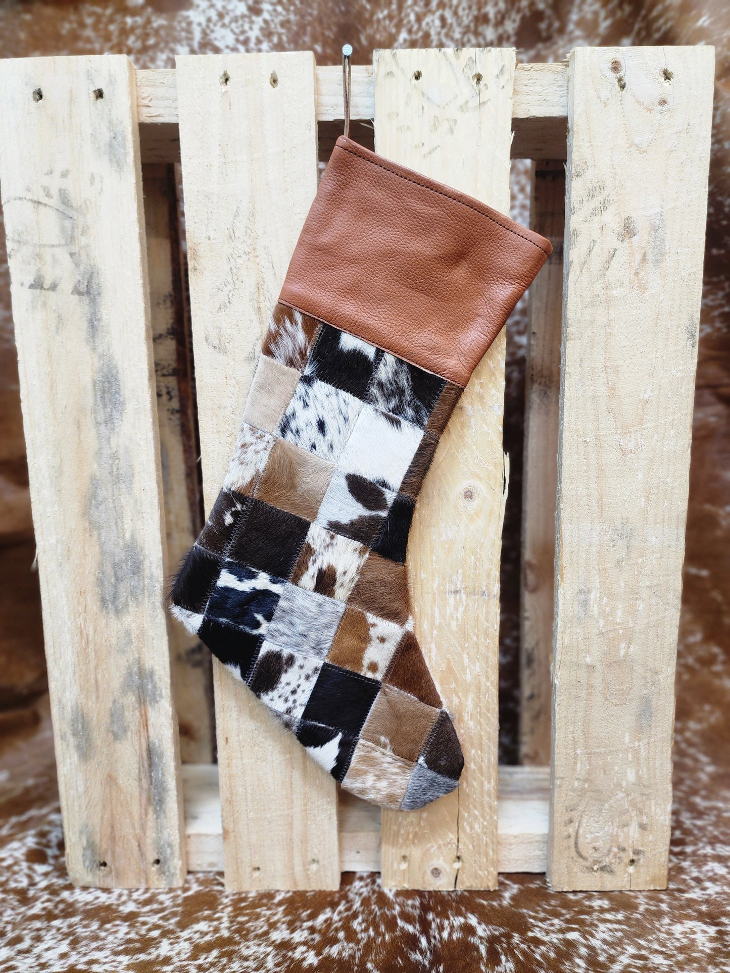 Patch work Cow hide Christmas stocking #01