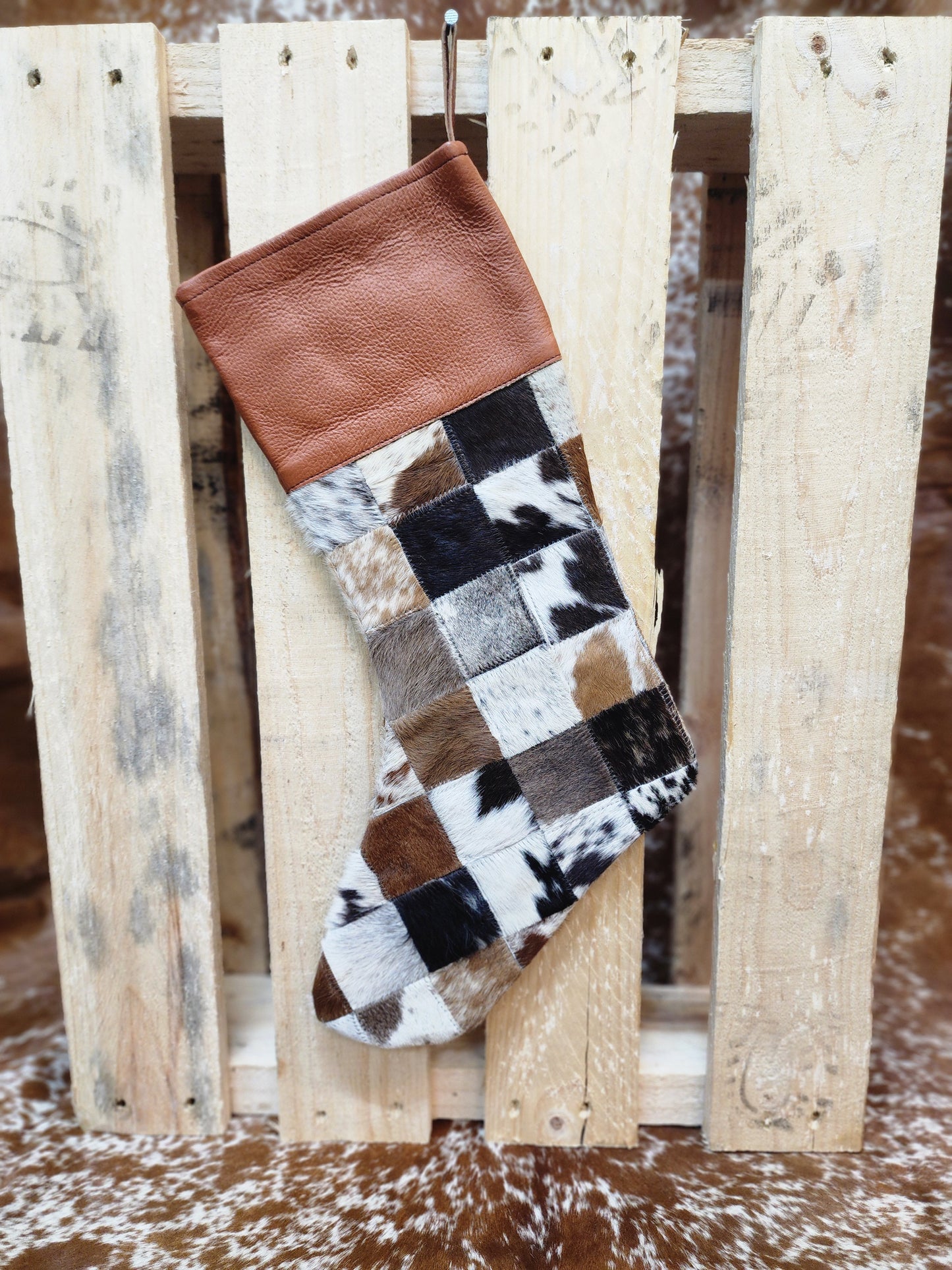 Patch work Cow hide Christmas stocking #02