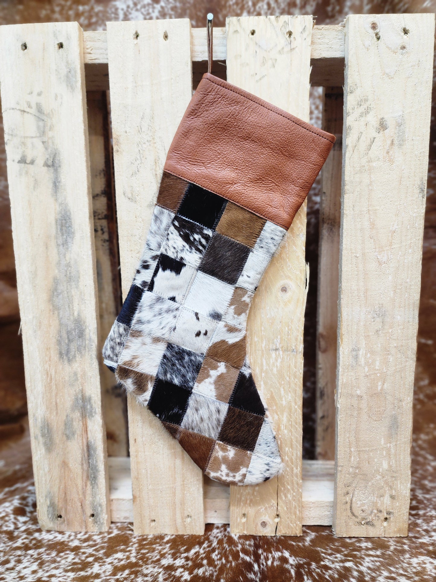 Patch work Cow hide Christmas stocking #02