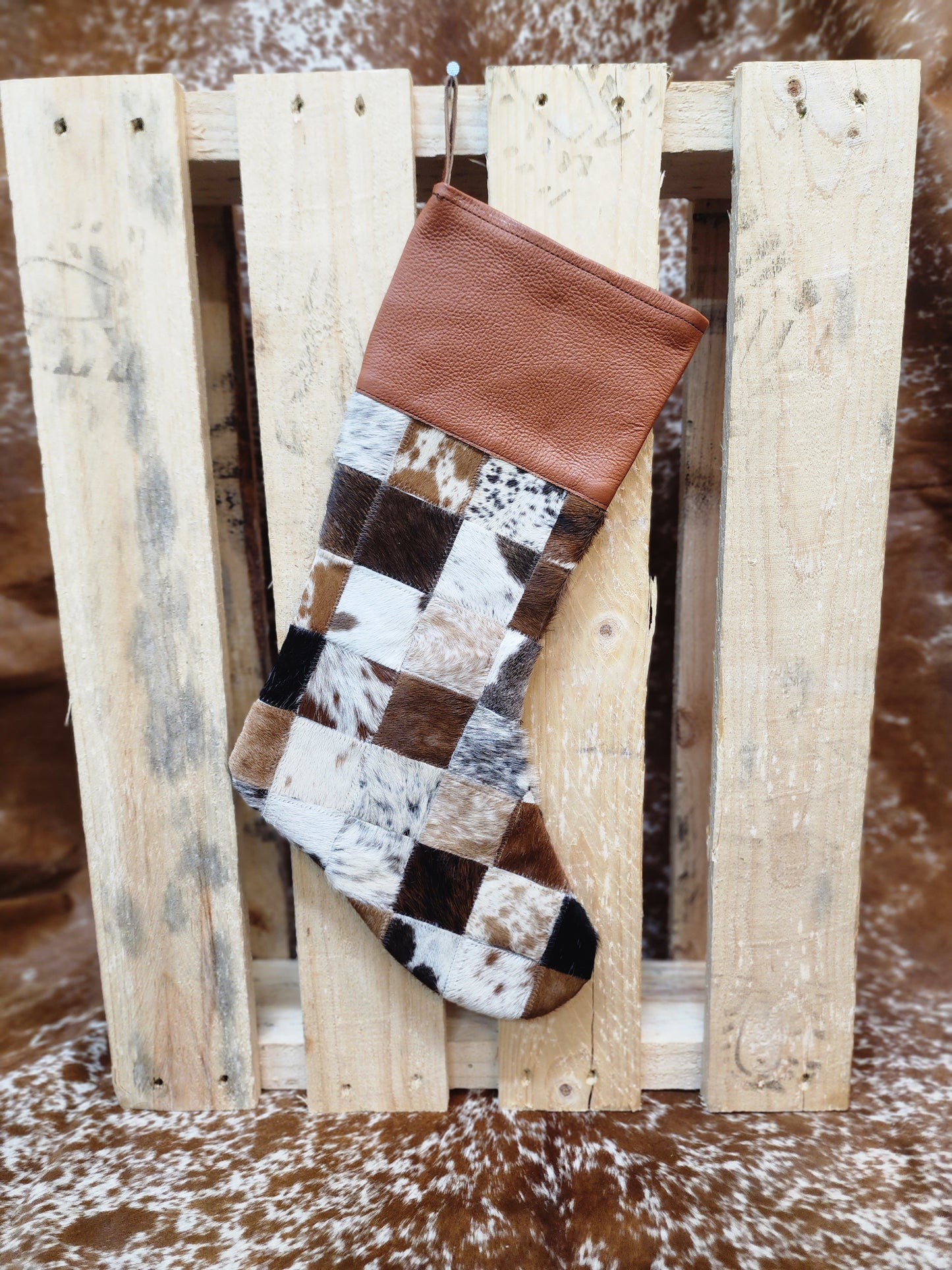 Patch work Cow hide Christmas stocking #03