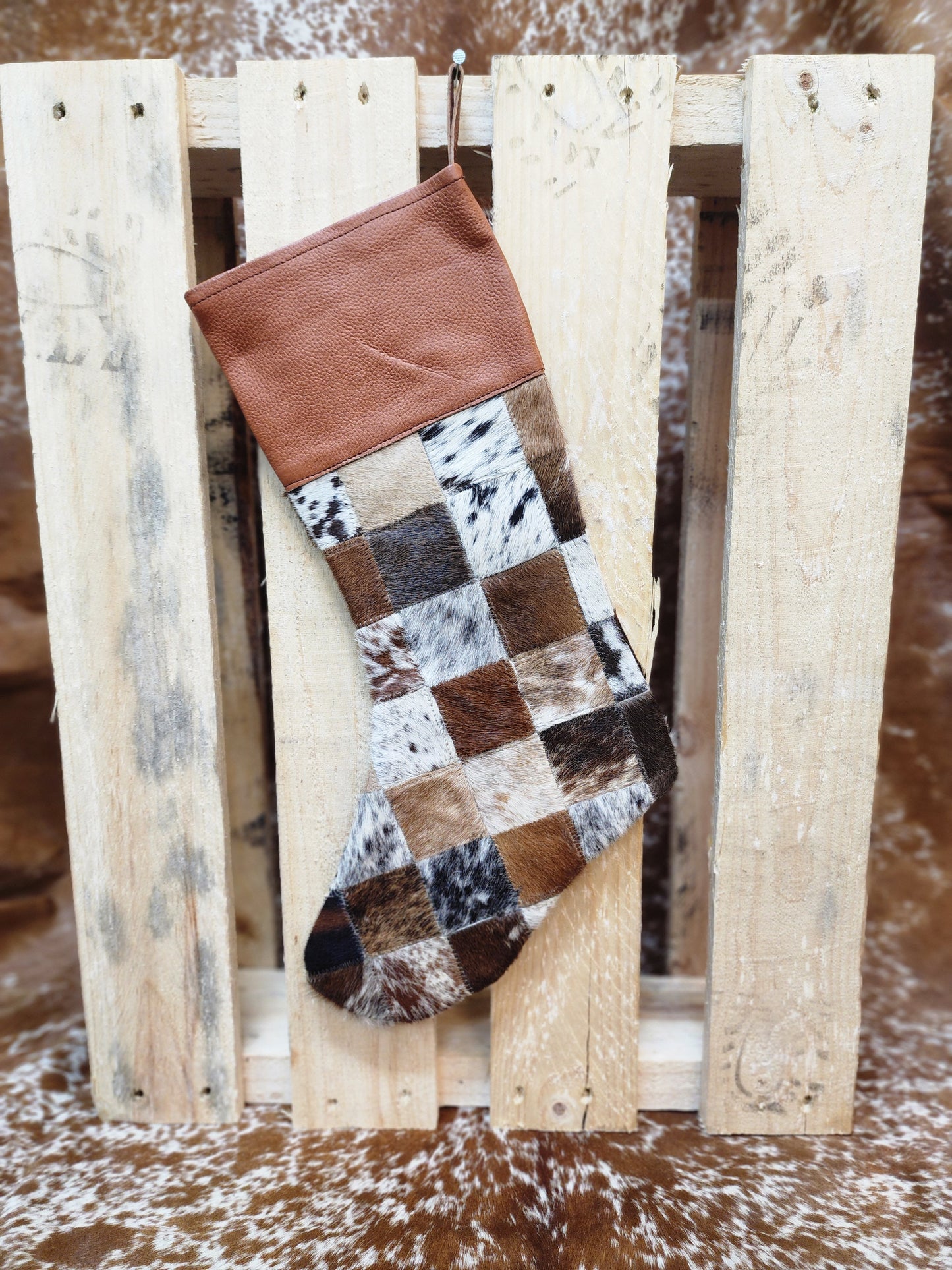 Patch work Cow hide Christmas stocking #05