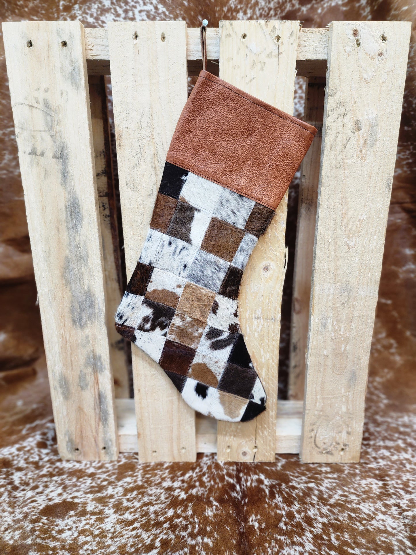 Patch work Cow hide Christmas stocking #05