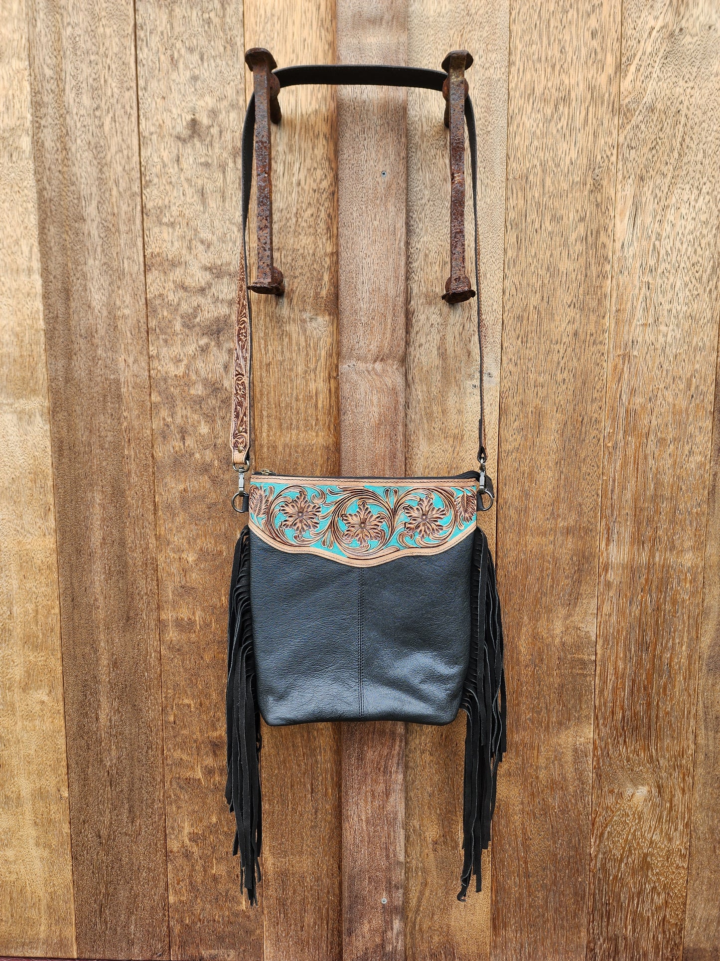 Turquoise Hand Tooled Leather Cross Body Bag - Black