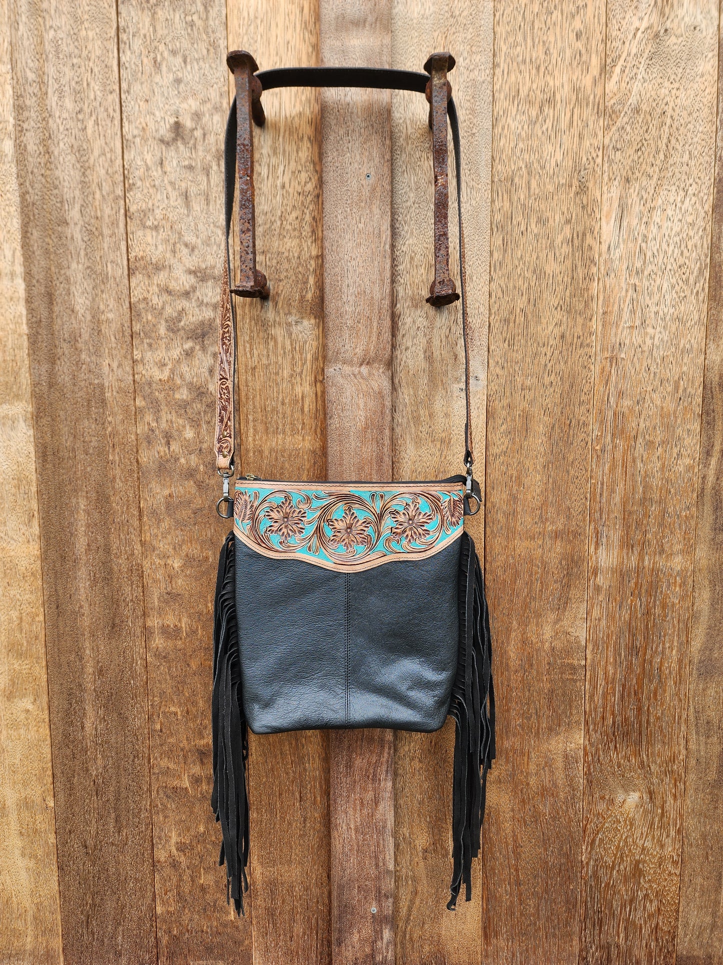 Turquoise Hand Tooled Leather Cross Body Bag - Black – Homer and Hide