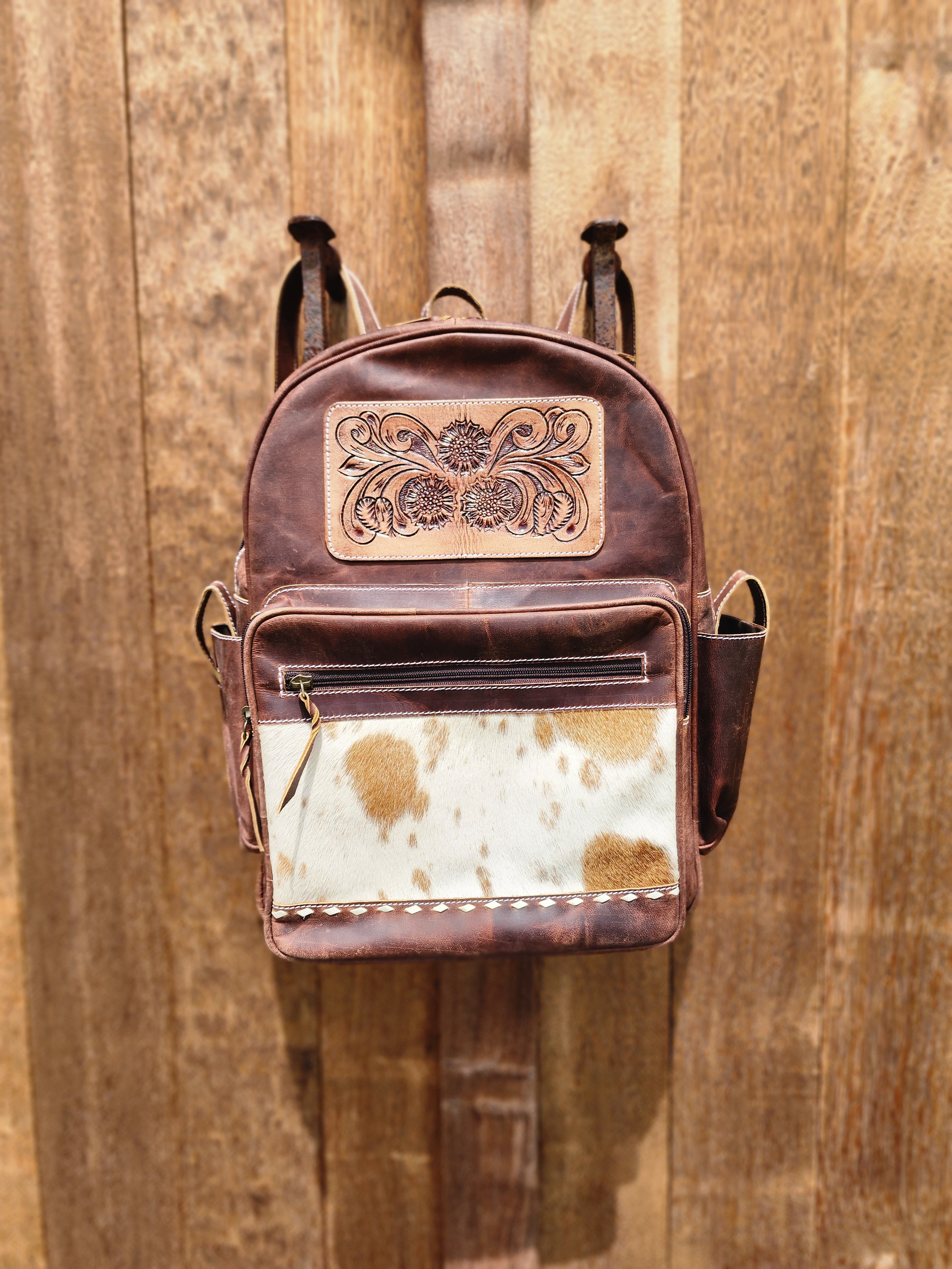 LS Western Hand Tooled Leather Cowhide Backpack Purse - Beyond the Barn