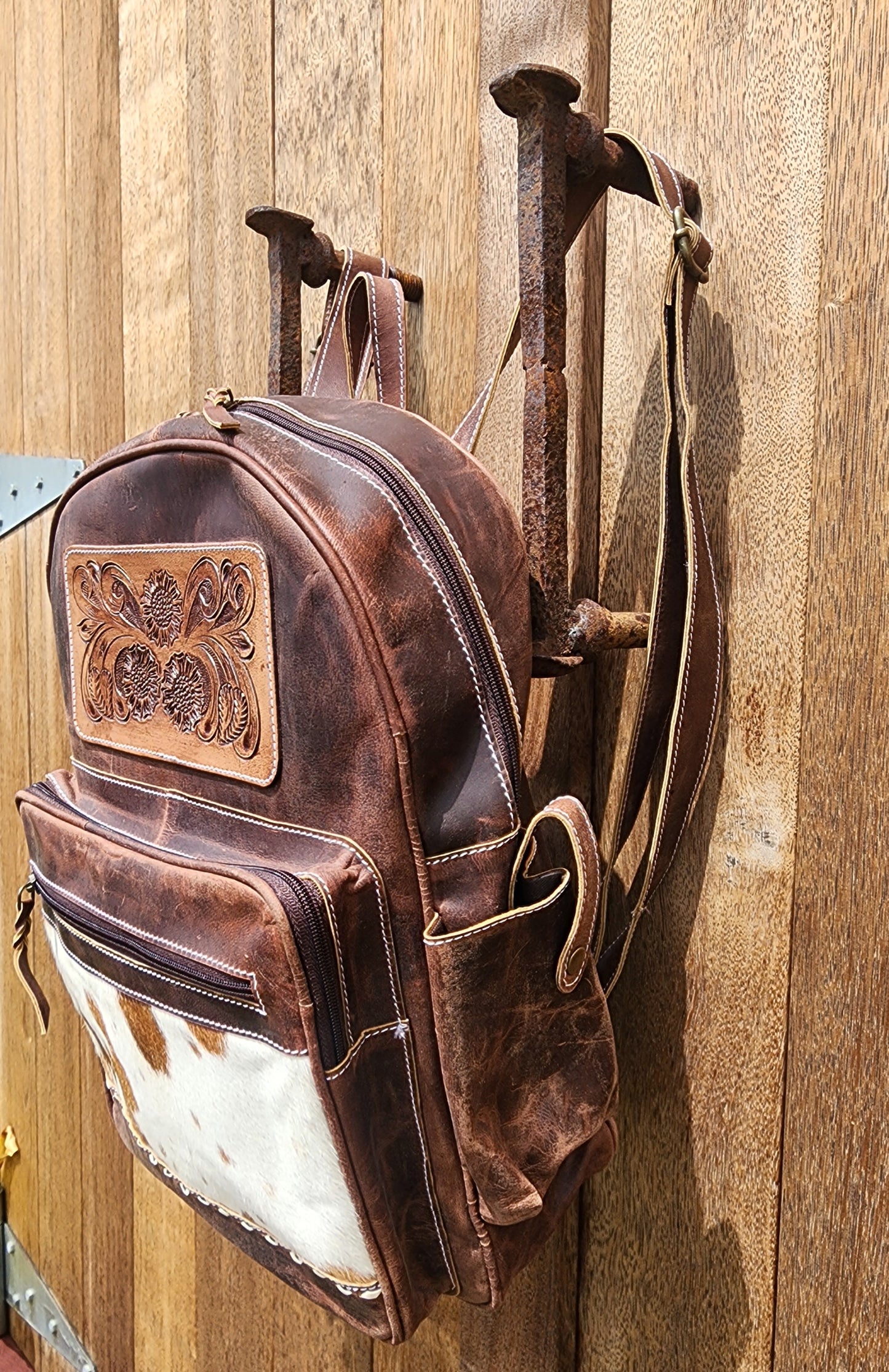 Antique Tan leather back pack with tooling details #02