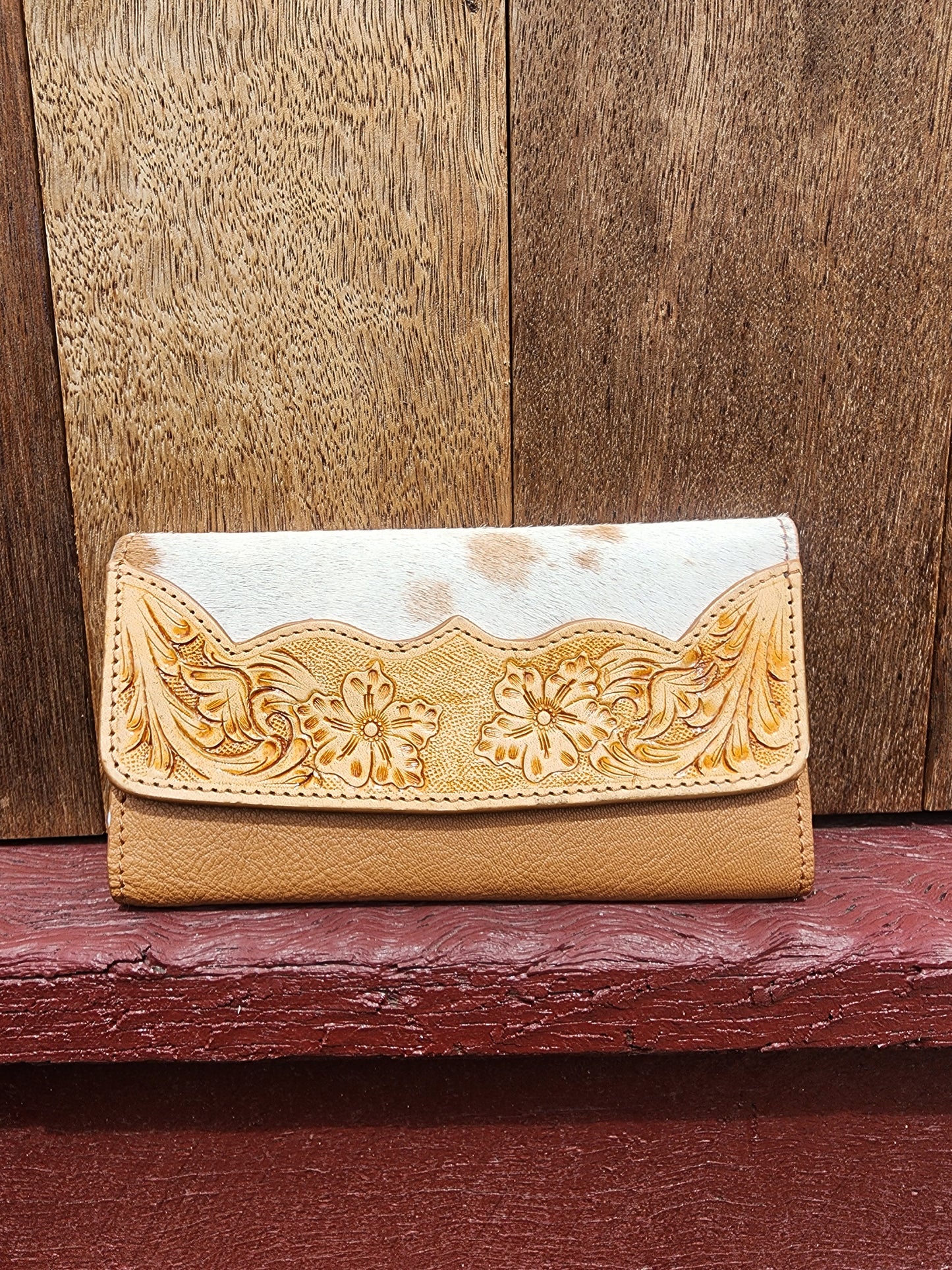 Tooled leather hair on hide purse - Tan #02