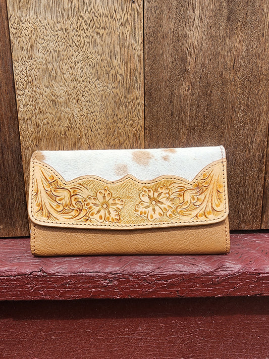 Tooled leather hair on hide purse - Tan #02