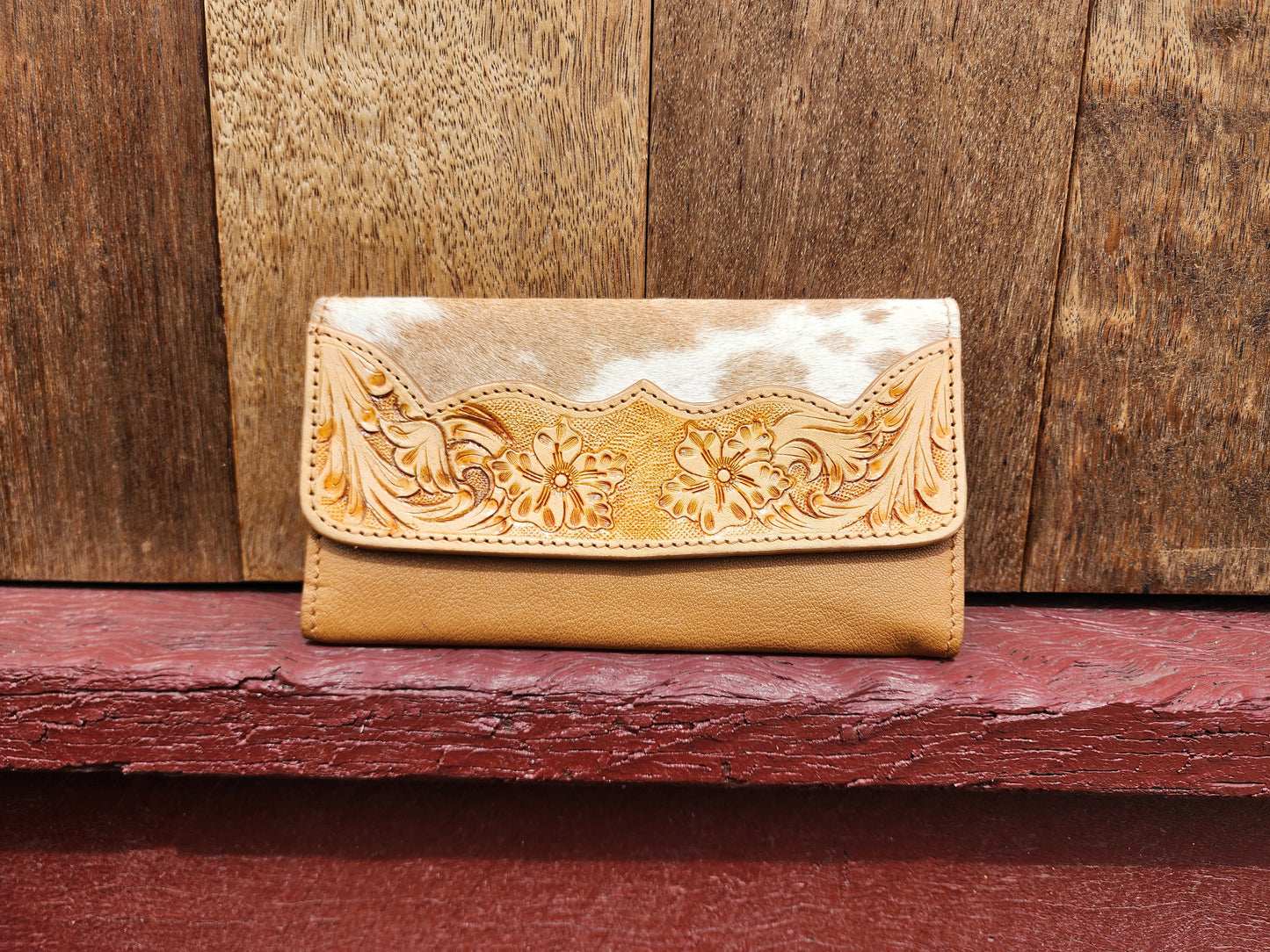 Tooled leather hair on hide purse - Tan #01