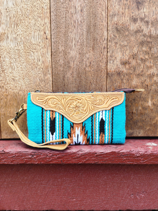 Tooled Saddle blanket clutch-Turquoise