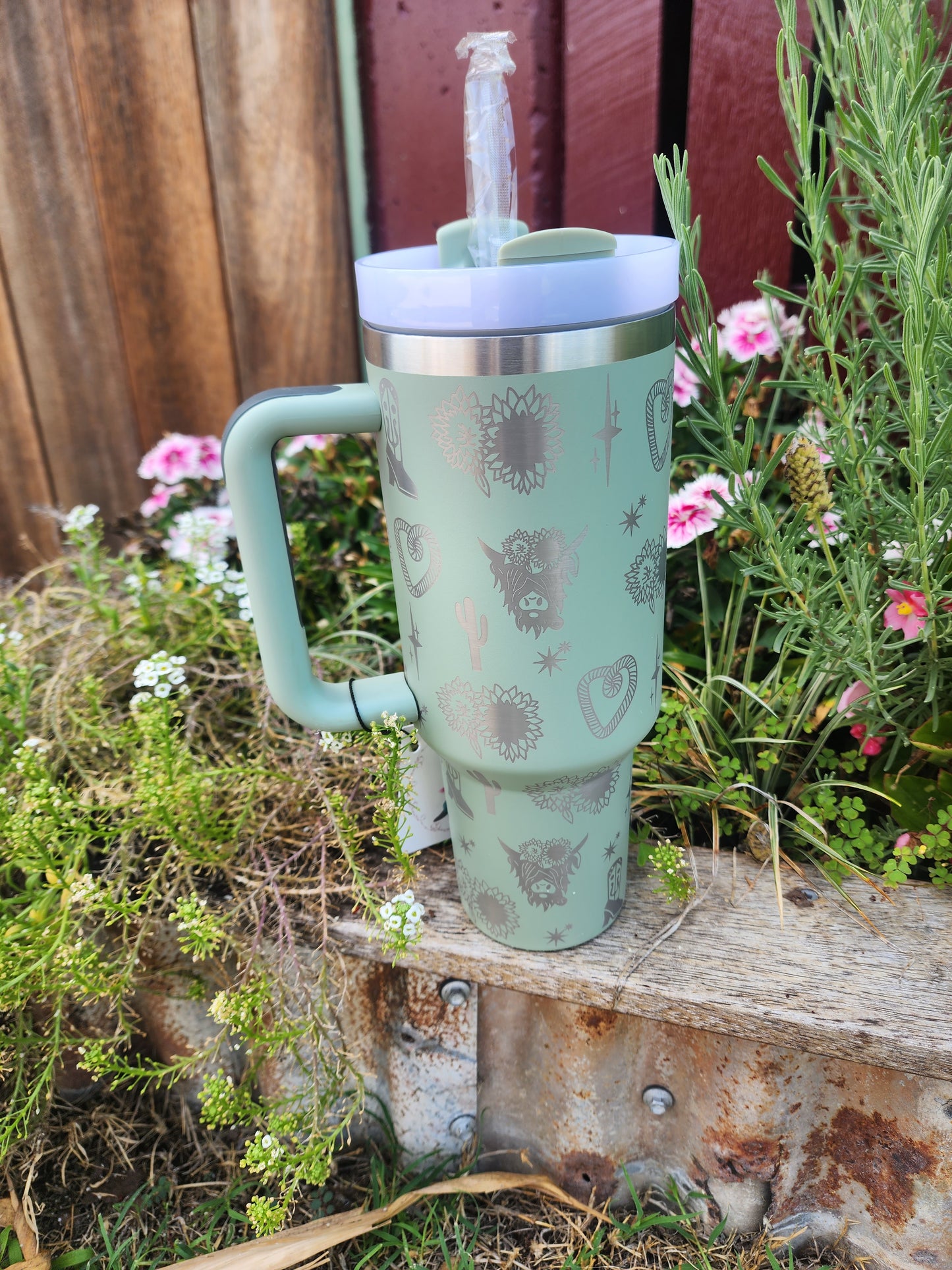 40oz Highland cow cactus travel mug - sage