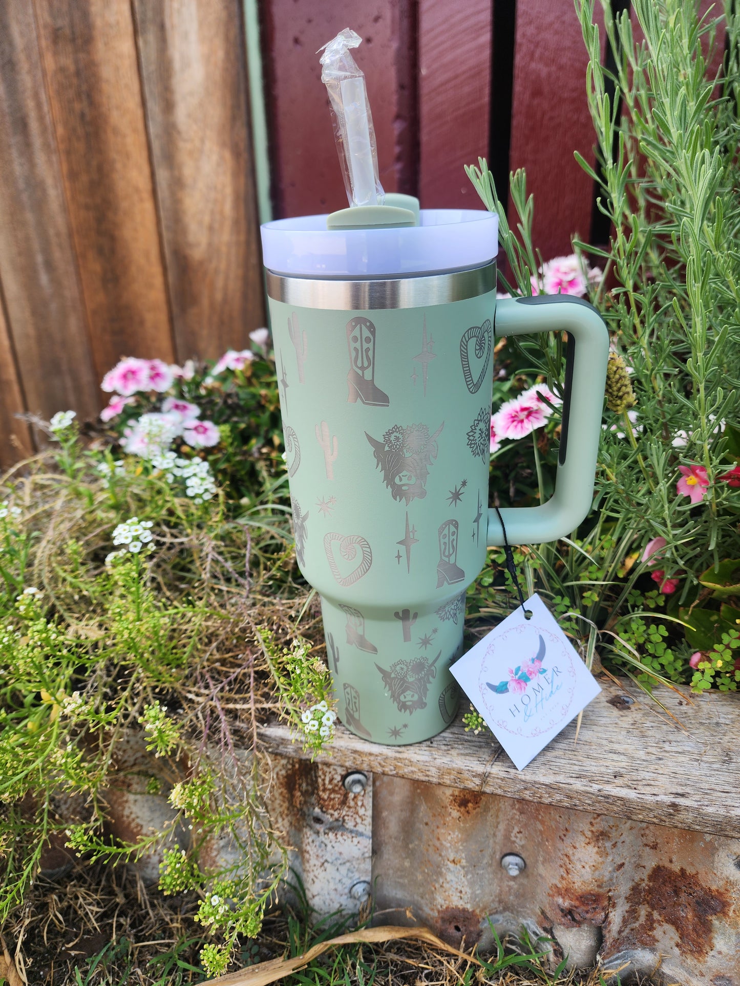 40oz Highland cow cactus travel mug - sage