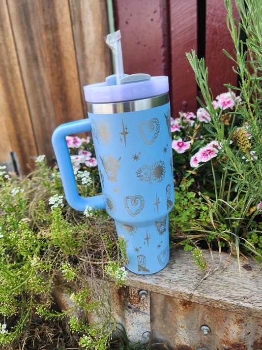 40oz Highland cow cactus travel mug - sky blue