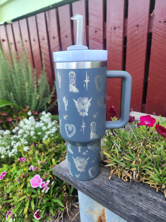 40oz Highland cow cactus travel mug - Dark grey