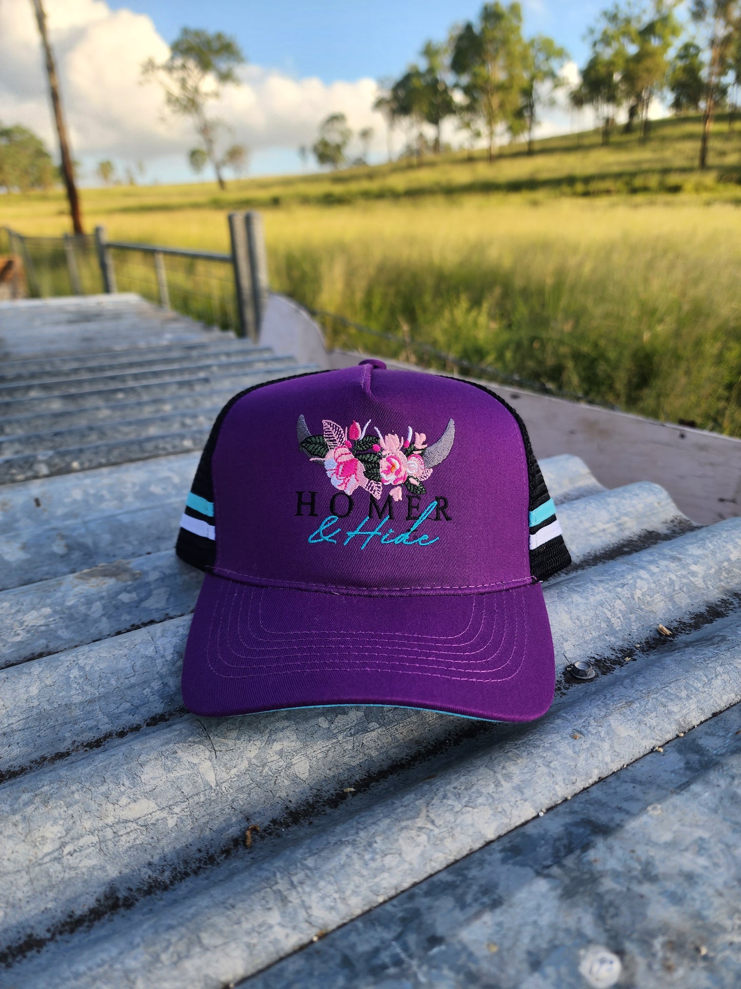 Purple with black back and light blue under brim pony cap (embroided)