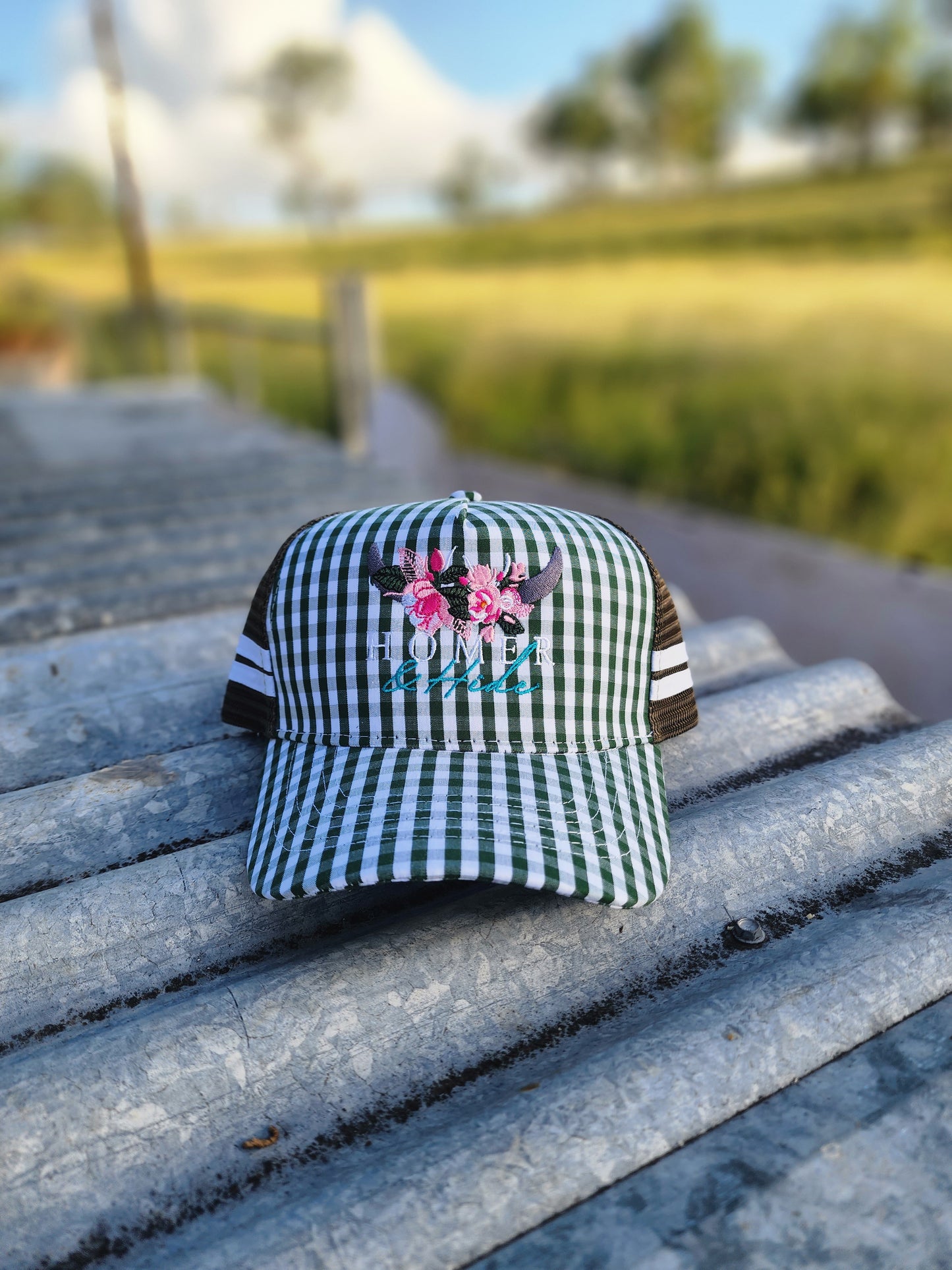 Gingham green pony cap (embroidered)