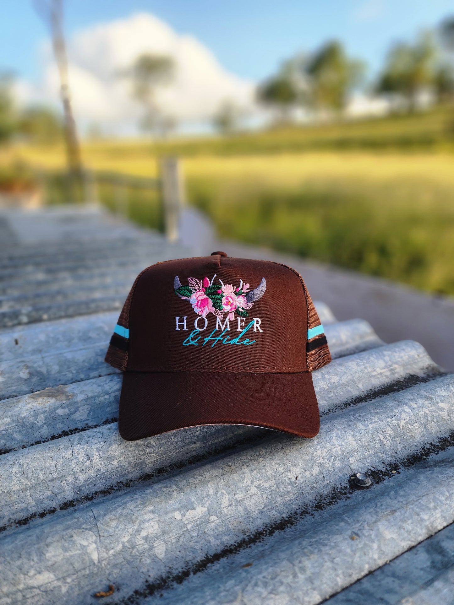 Brown with imitation cowhide print under brim pony cap (embroided)