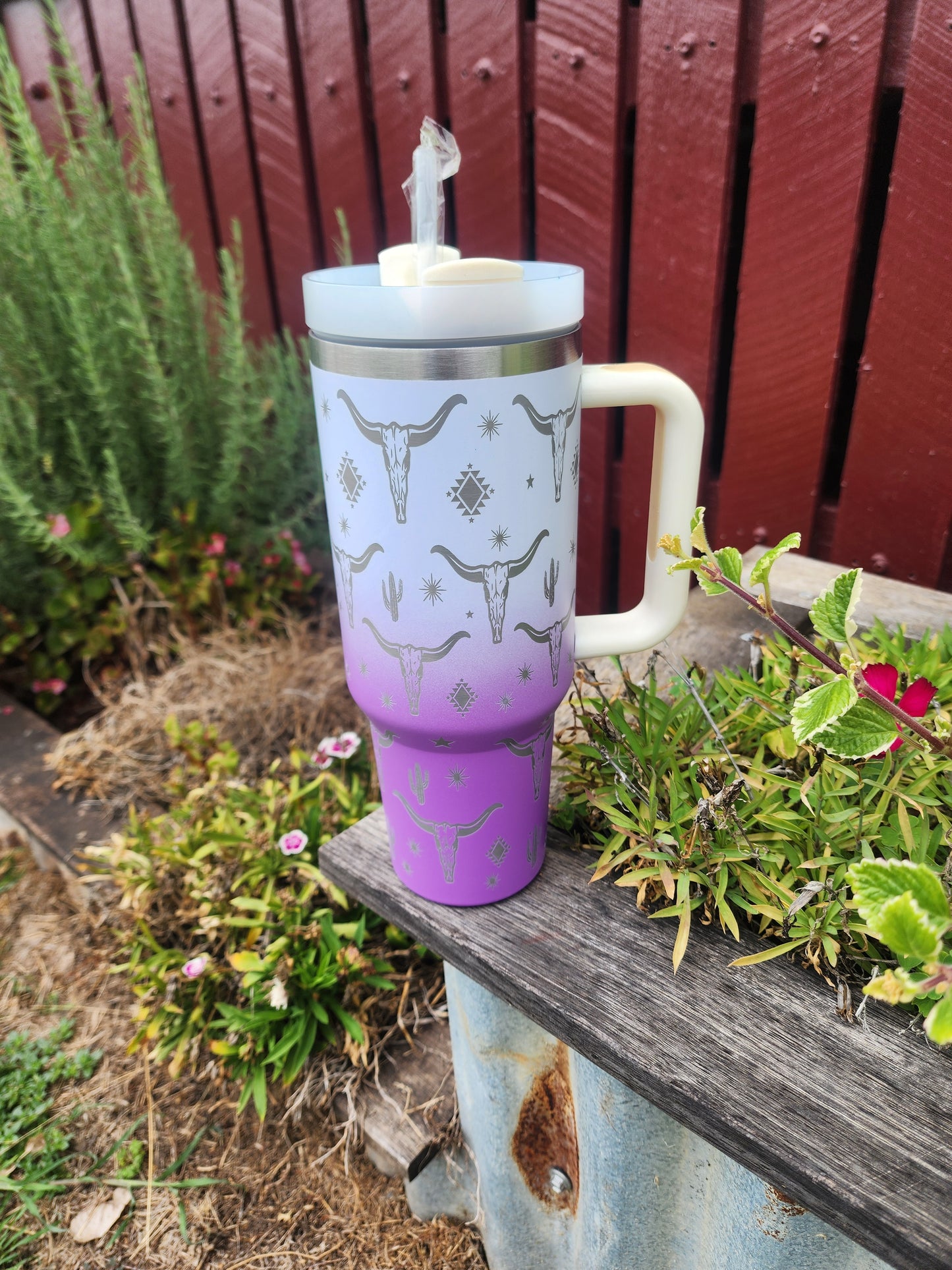 40oz cow skull cactus Travel mug- ombrè purple