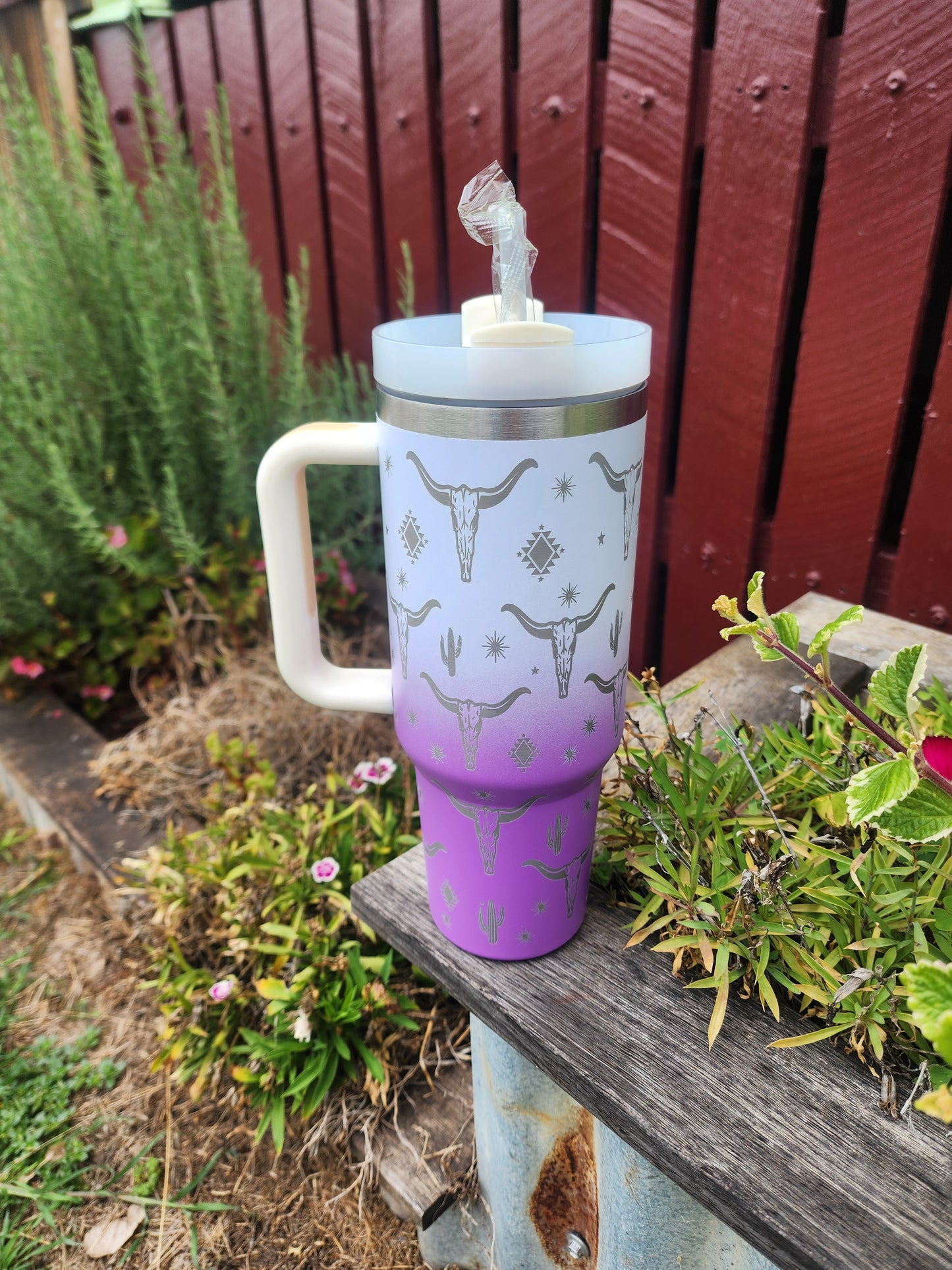 40oz cow skull cactus Travel mug- ombrè purple