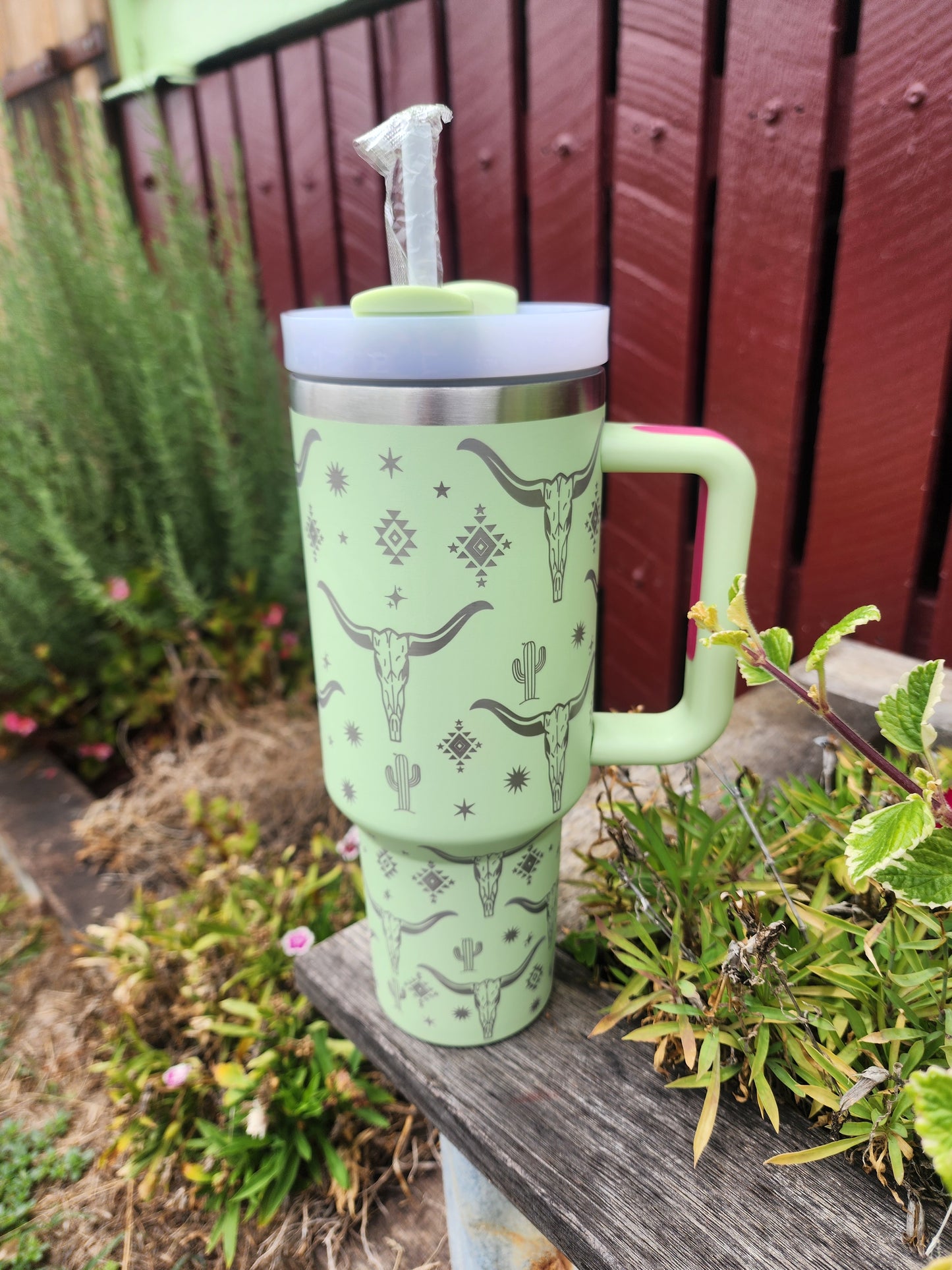 40oz cow skull cactus Travel mug- pale green pink grip