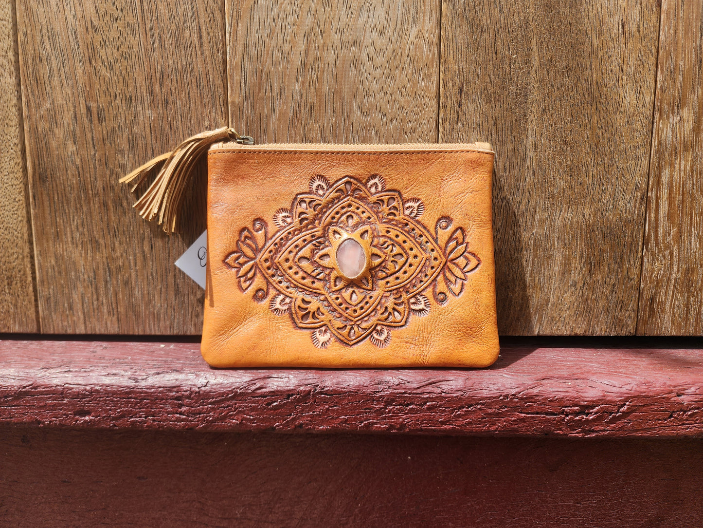 Leather clutch with semi-precious stone inlay #03