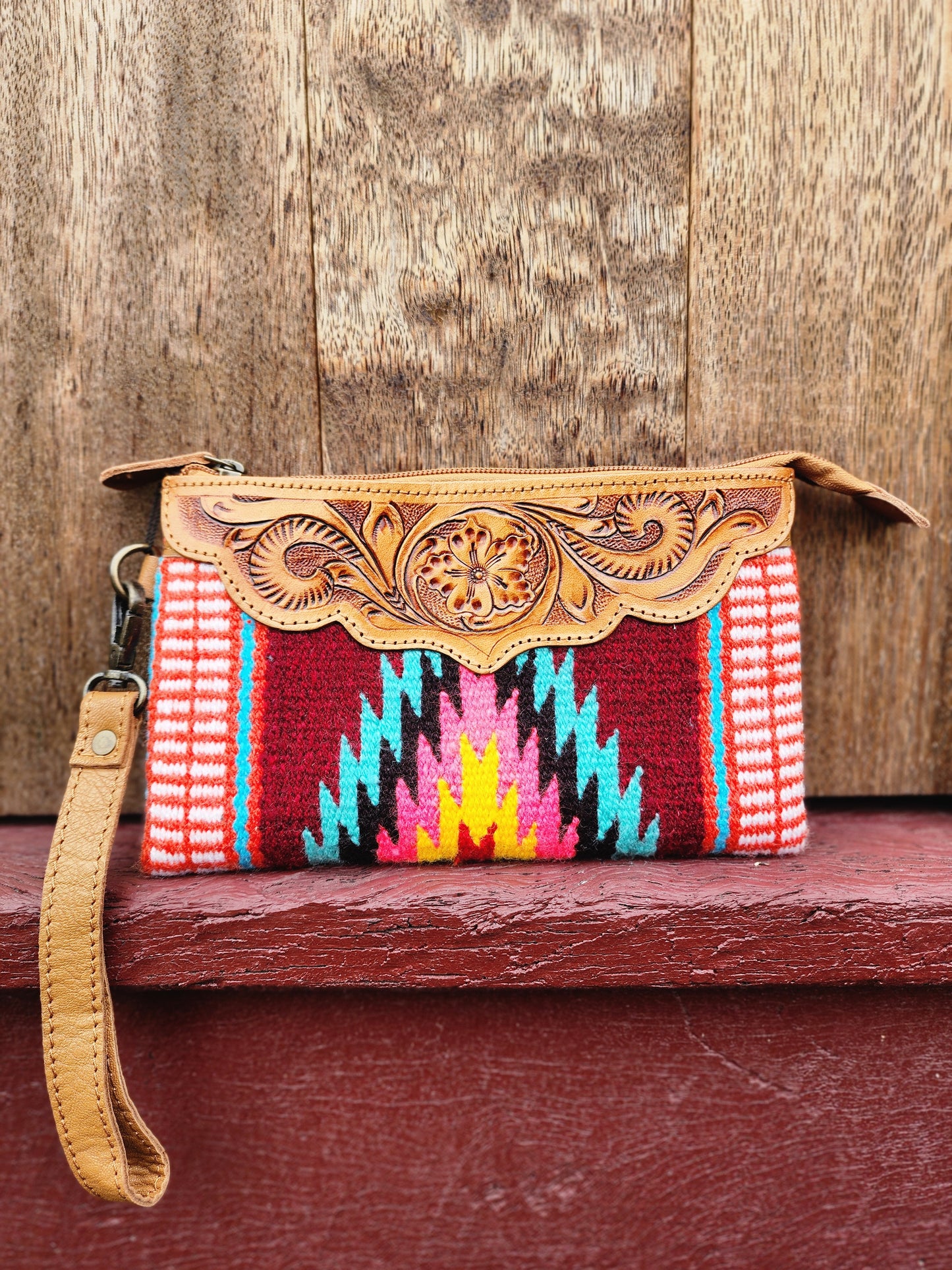 Tooled Saddle blanket clutch - Burgendy/ burnt orange