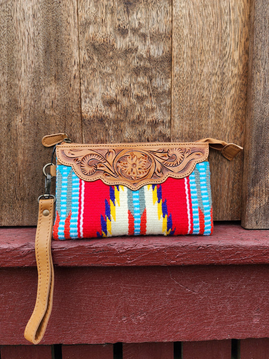 Tooled Saddle blanket clutch - Red / sky blue