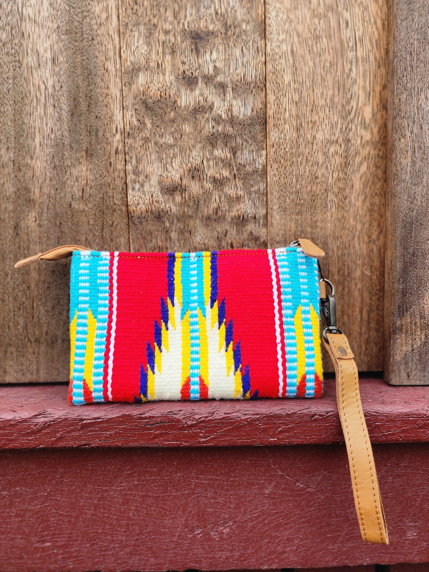 Tooled Saddle blanket clutch - Red / sky blue