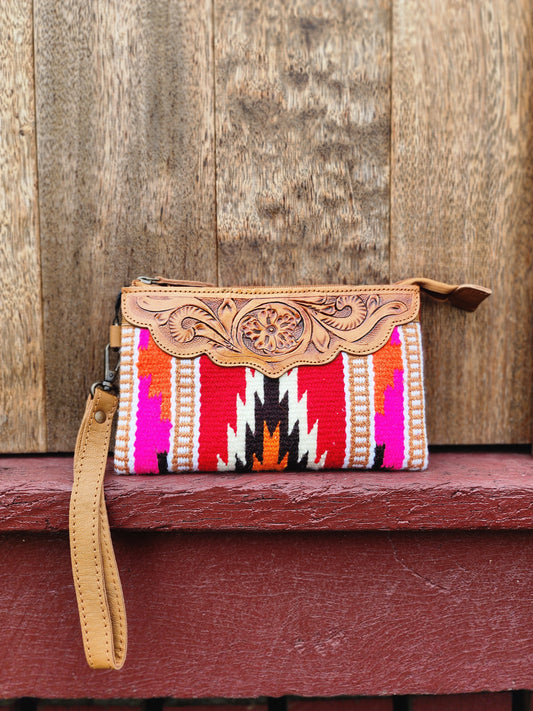 Tooled Saddle blanket clutch - Red/ pink