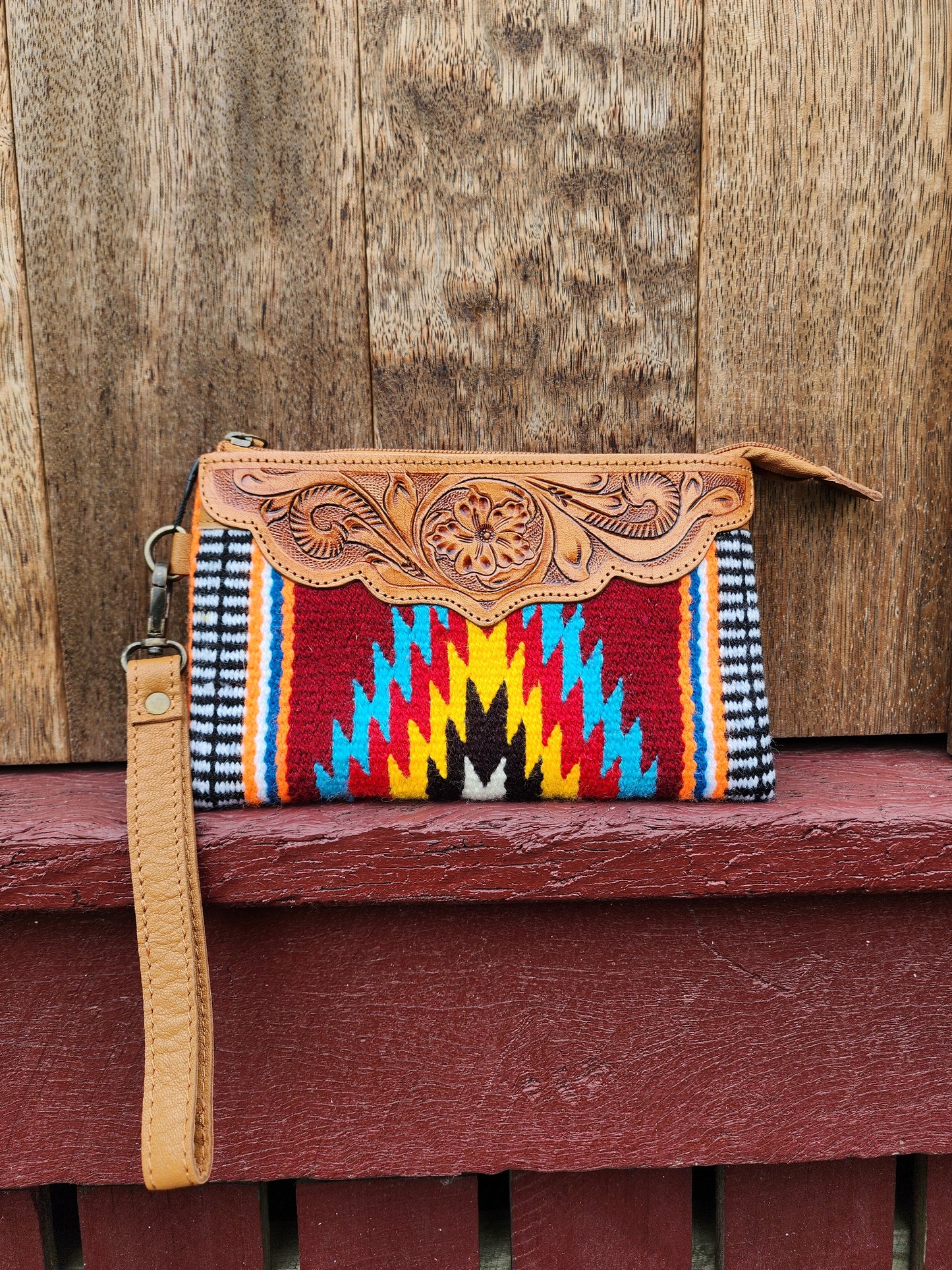 Tooled Saddle blanket clutch - Burgendy/ Black