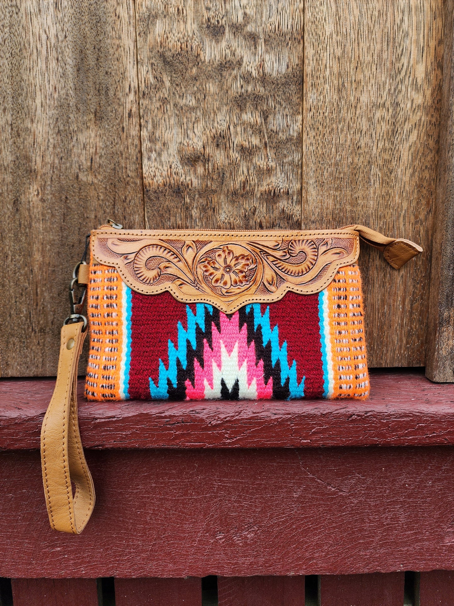 Tooled Saddle blanket clutch - Burgendy/ orange