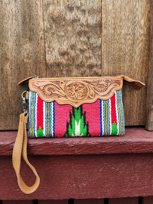 Tooled Saddle blanket clutch - Pink/ green