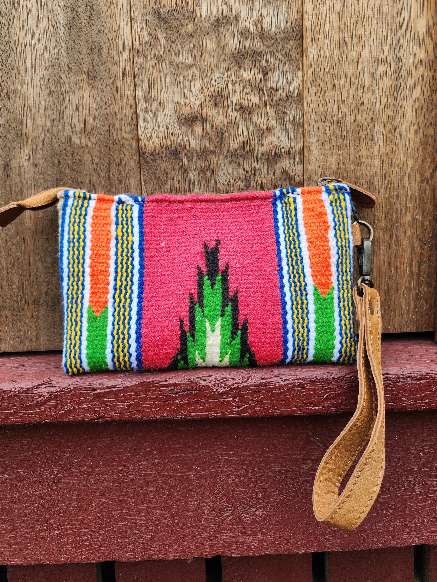 Tooled Saddle blanket clutch - Pink/ green